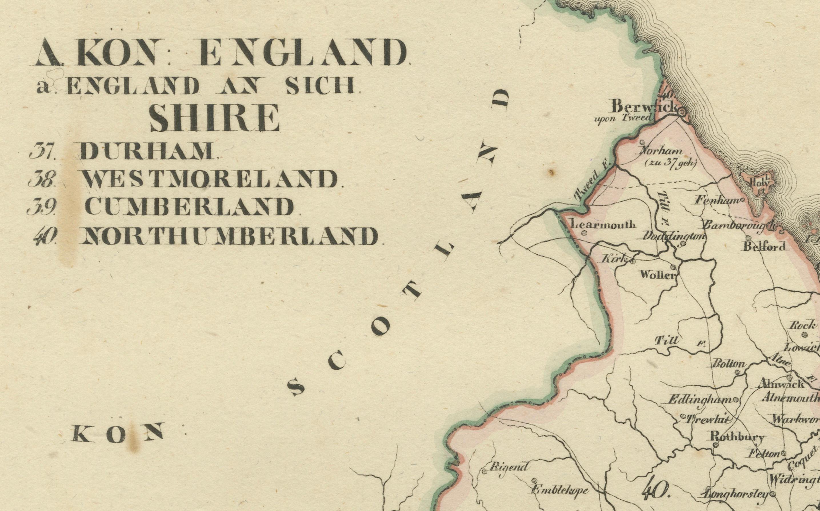 Mid-19th Century 1830 Map of Northern England and Durham, Cumberland, Westmorland, Northumberland For Sale