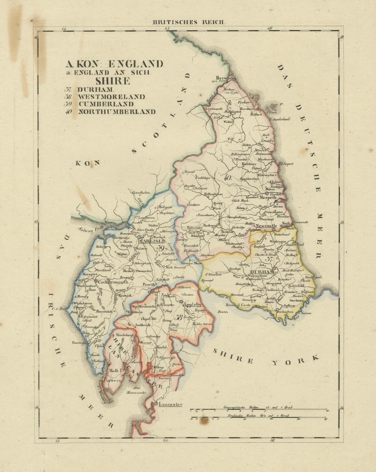 Paper 1830 Map of Northern England and Durham, Cumberland, Westmorland, Northumberland For Sale