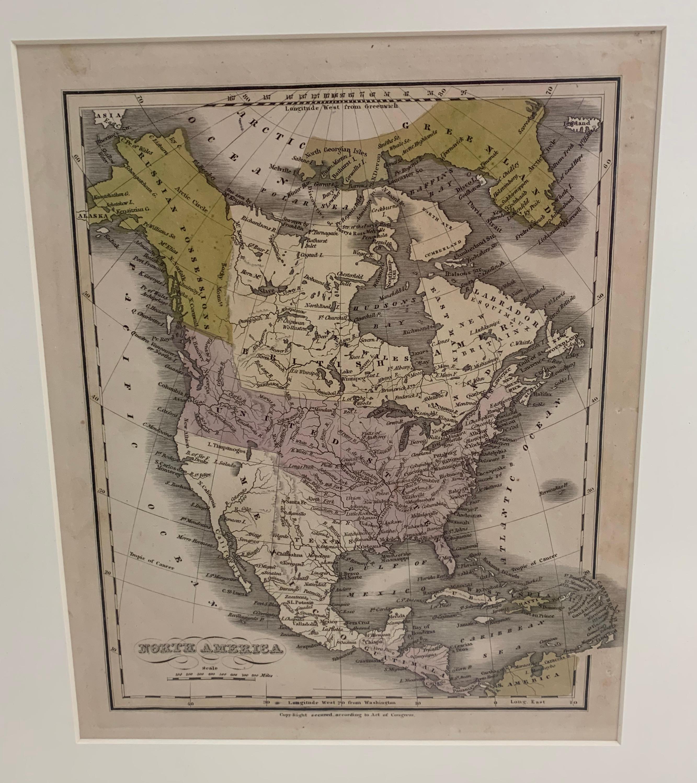Carte de l'Amérique du Nord publiée vers 1830. La carte montre les États-Unis au Canada. Le Mexique s'étend jusqu'au territoire de la haute Californie. Le Texas apparaît dans le nom mais avant la période de la république. Encadré dans un cadre en