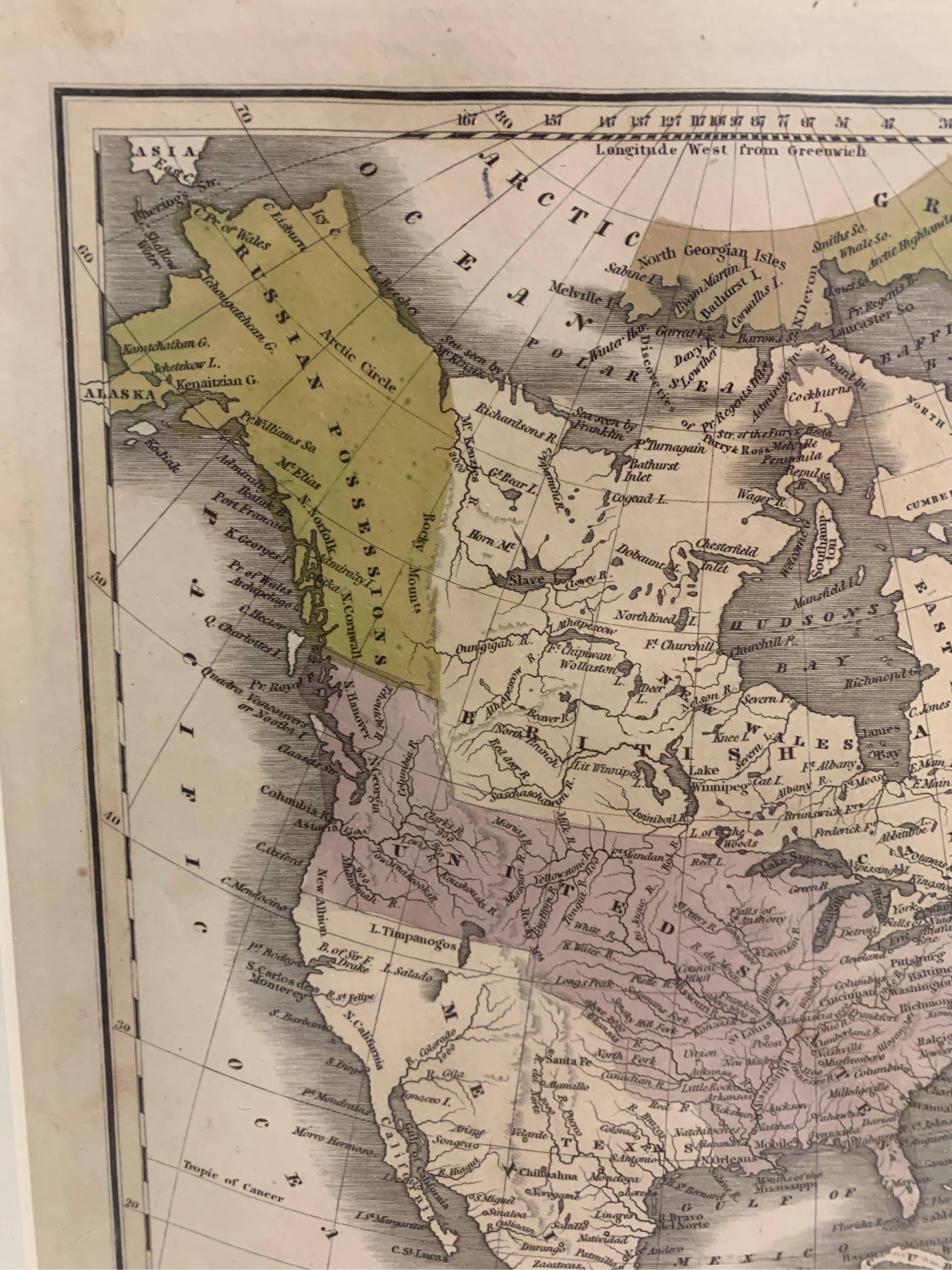 Verre Carte encadrée Mexique et États-Unis de 1830 en vente