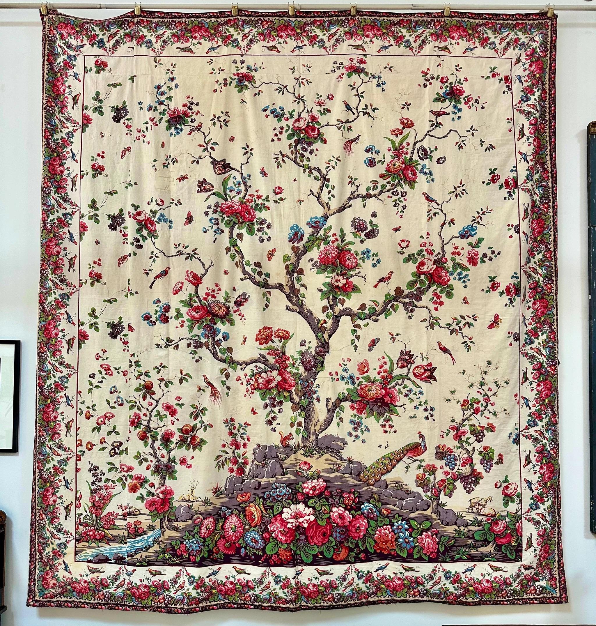 A rare and lovely Italian Mezzaro,delle vacchette (with cows) made in Genoa, c. 1830, cotton, block-printed. Some repairs.  Mezzari were made in Italy in the Indienne tradition, often in the form of Palampores, as is this one.  Note the exuberant