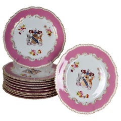 Antique 1830 Rockingham Porcelain Dinner Plates, Earl of Derby Coat of Arms, set of 12