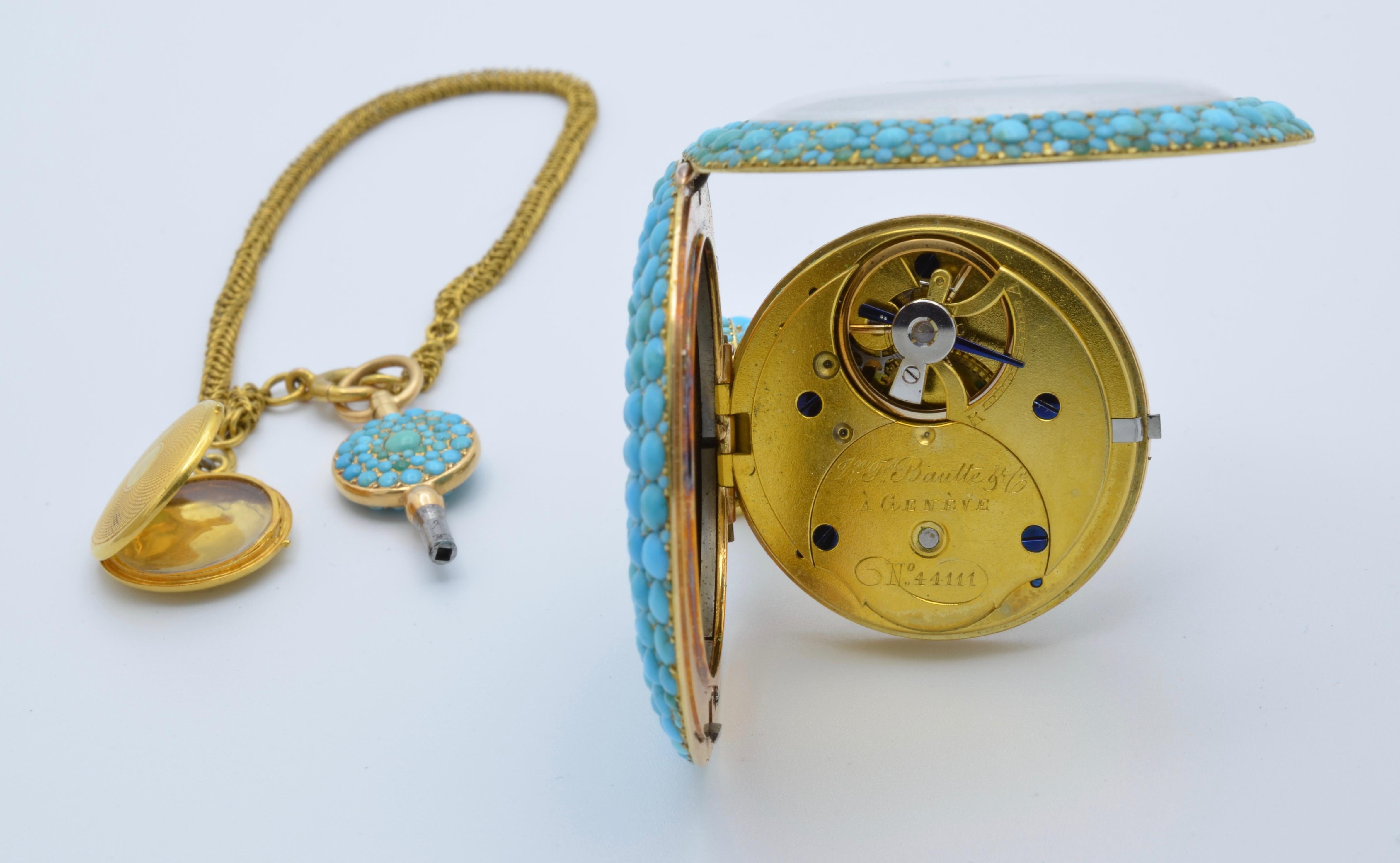 1830 Turquoise Lapel Gold Pocket Watch Bautte and Co with Chain and Locket 2