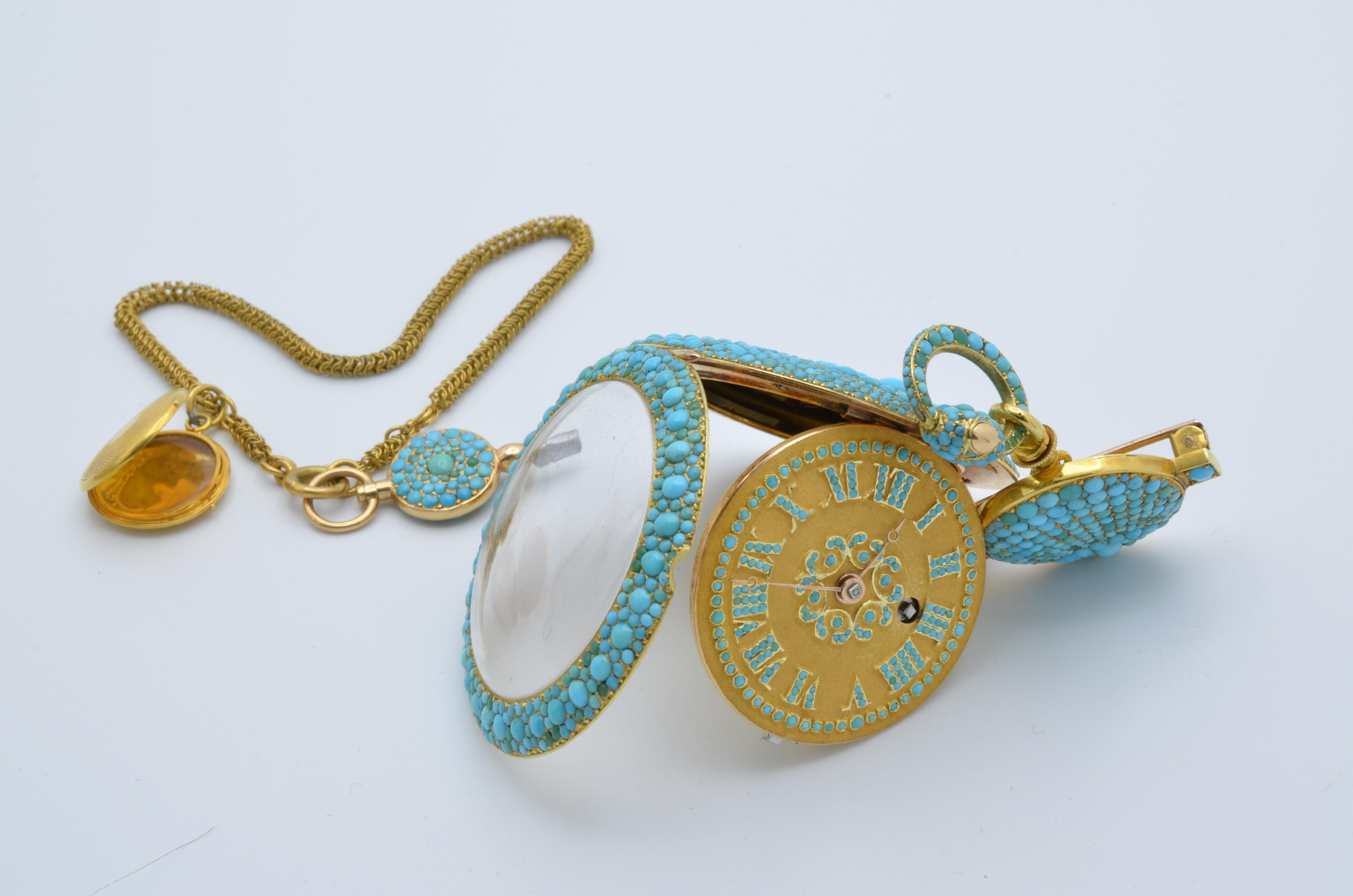 1830 Turquoise Lapel Gold Pocket Watch Bautte and Co with Chain and Locket 4