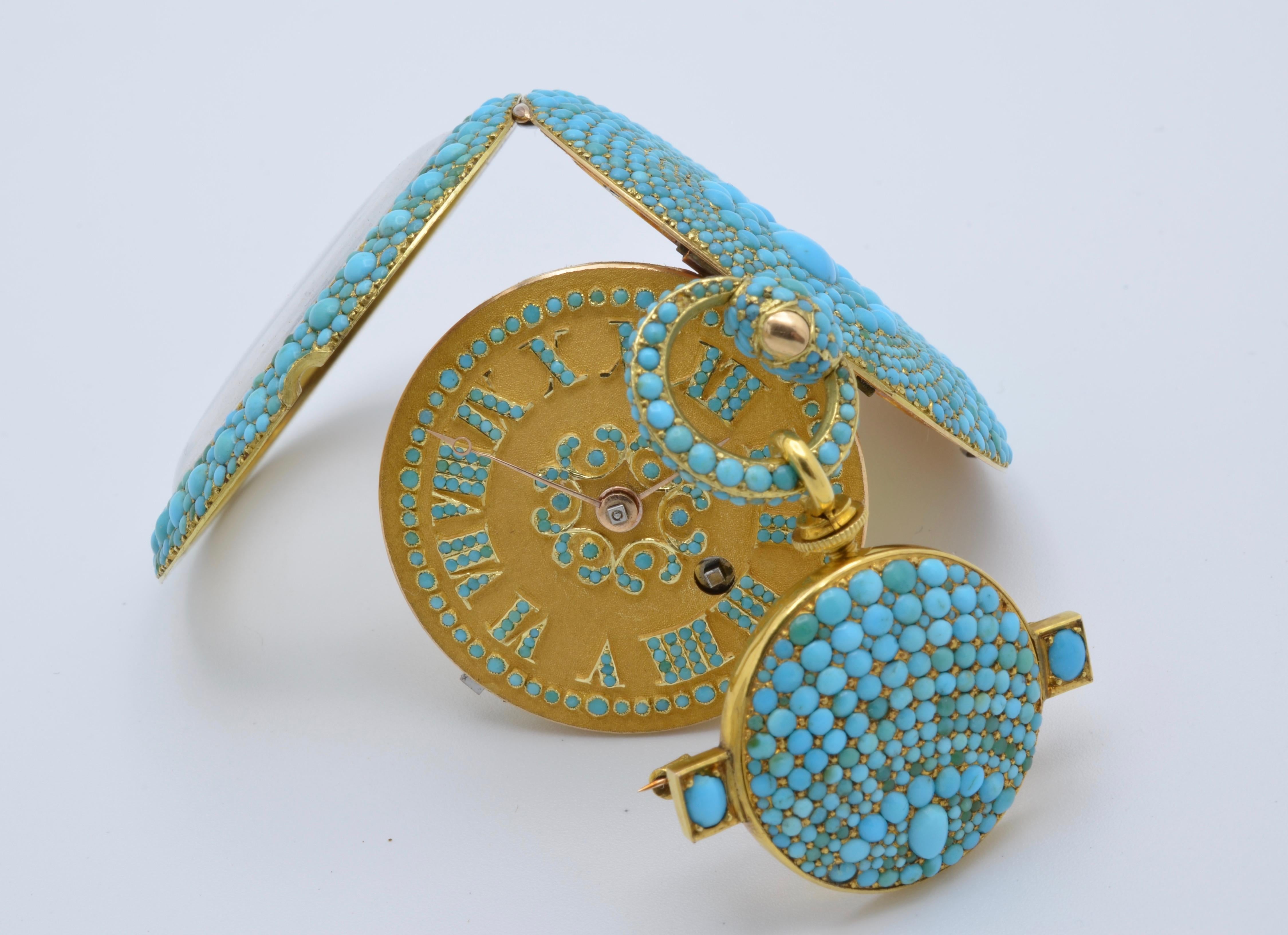 1830 Turquoise Lapel Gold Pocket Watch Bautte and Co with Chain and Locket 5