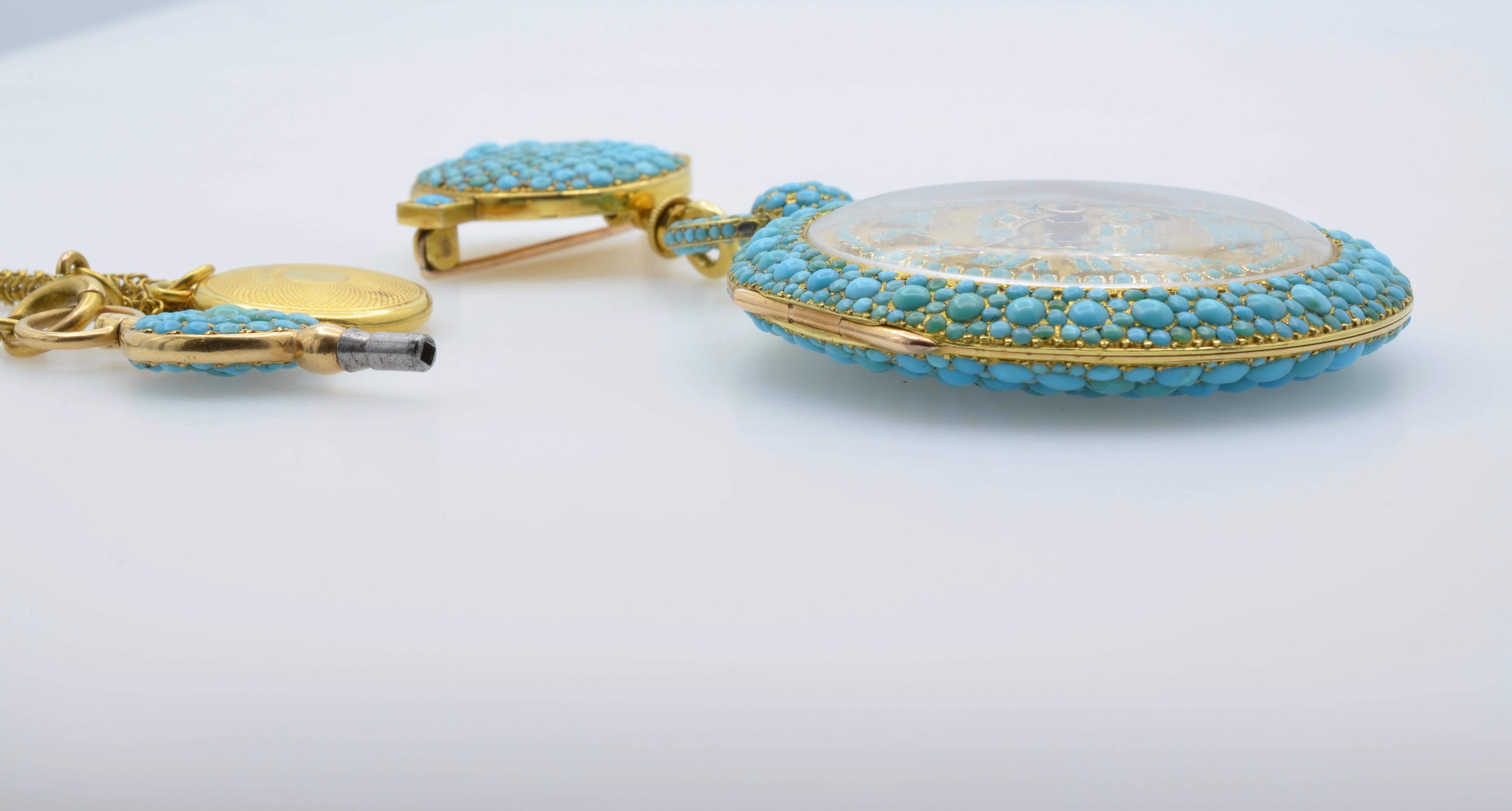 1830 Turquoise Lapel Gold Pocket Watch Bautte and Co with Chain and Locket 7