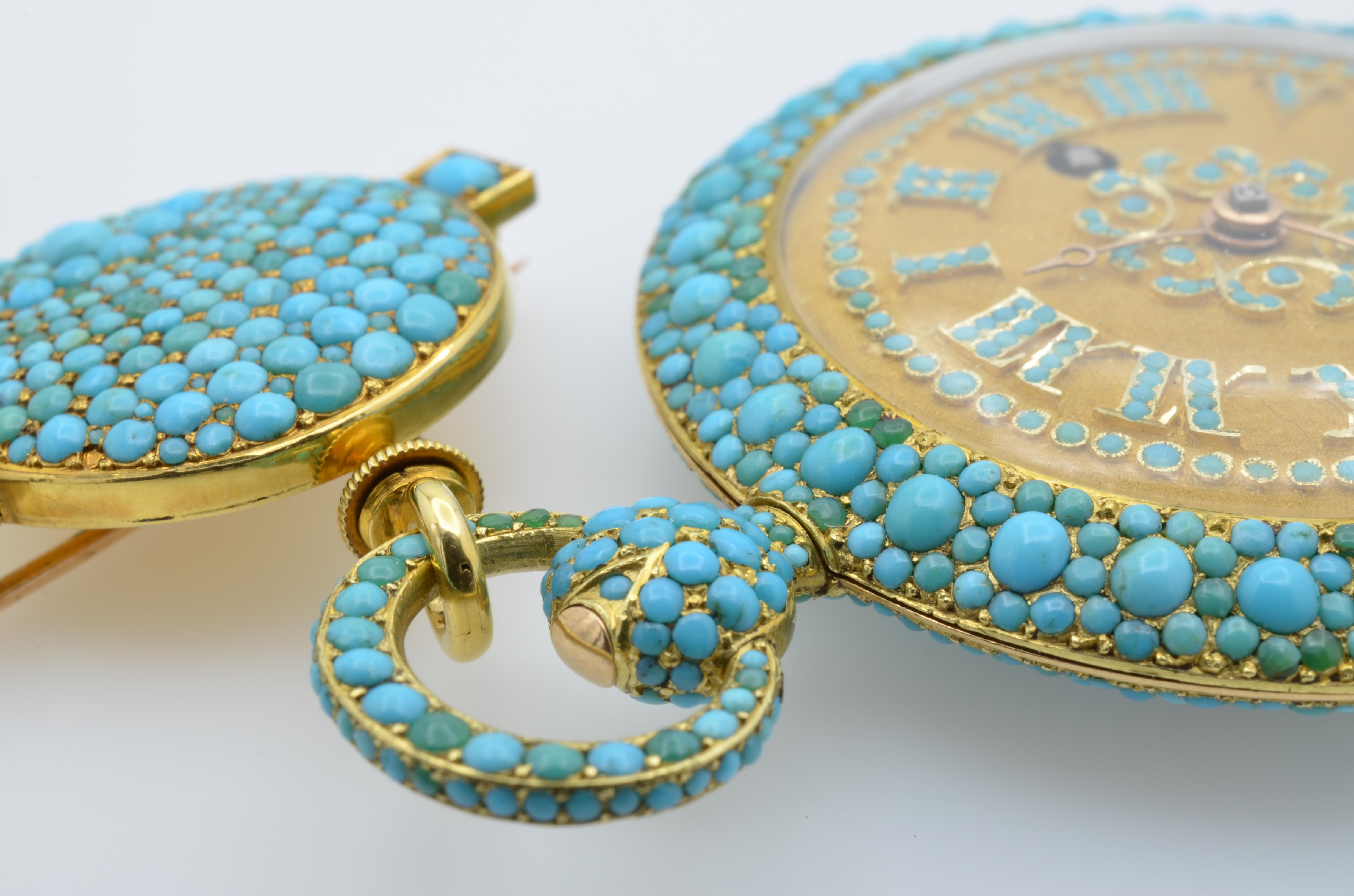 1830 Turquoise Lapel Gold Pocket Watch Bautte and Co with Chain and Locket 8