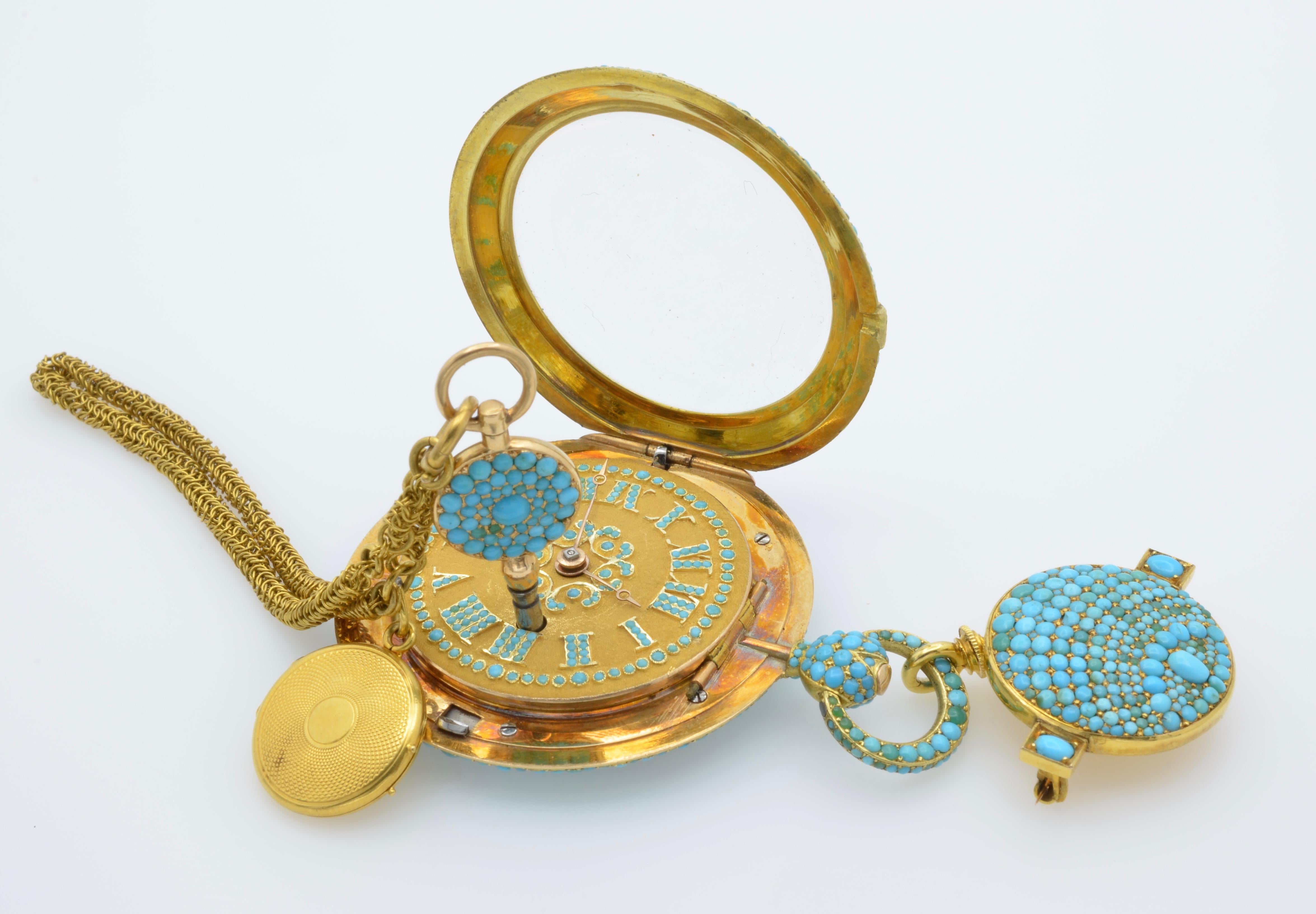 1830 Turquoise Lapel Gold Pocket Watch Bautte and Co with Chain and Locket 11