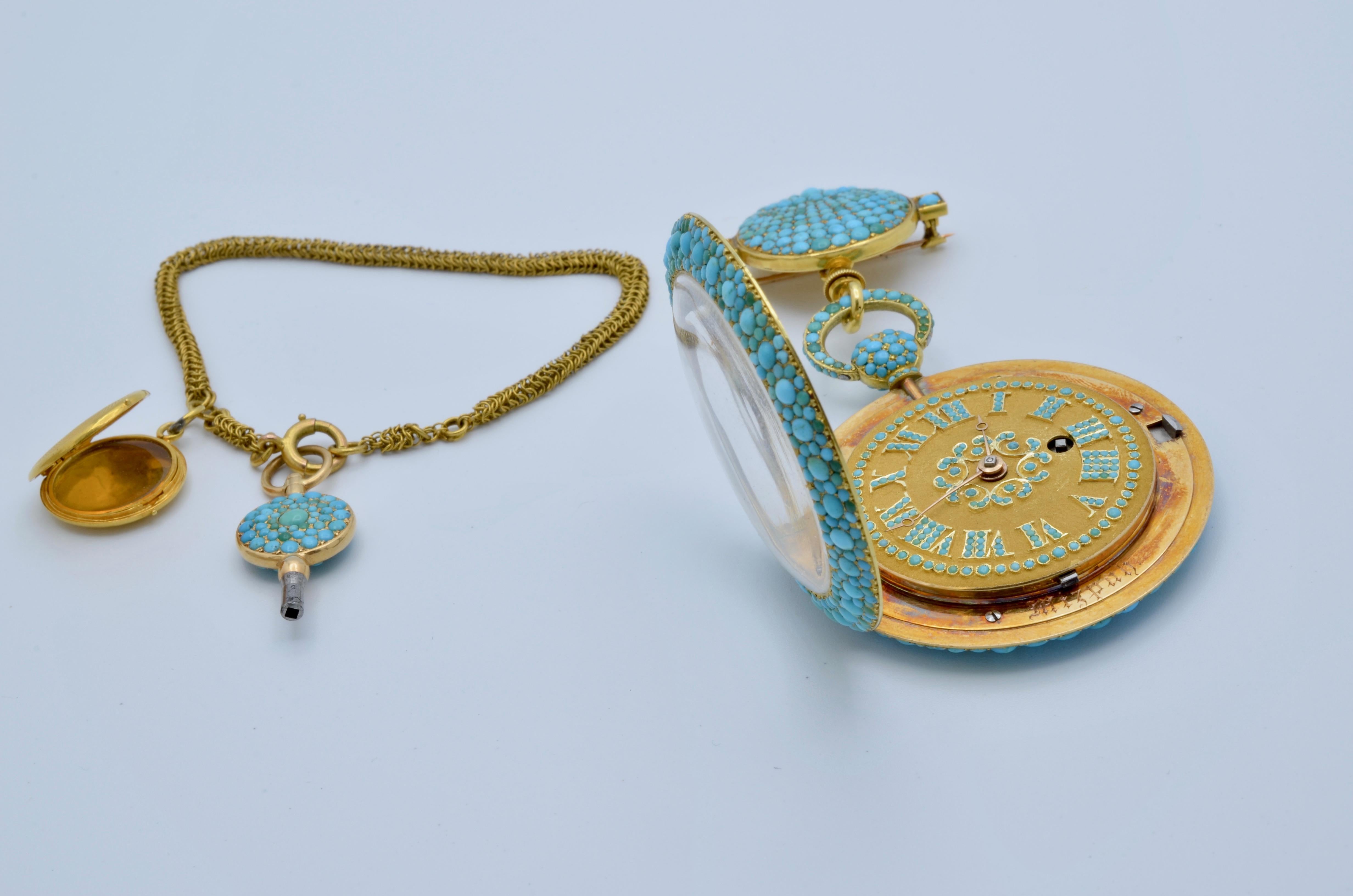 Edwardian 1830 Turquoise Lapel Gold Pocket Watch Bautte and Co with Chain and Locket