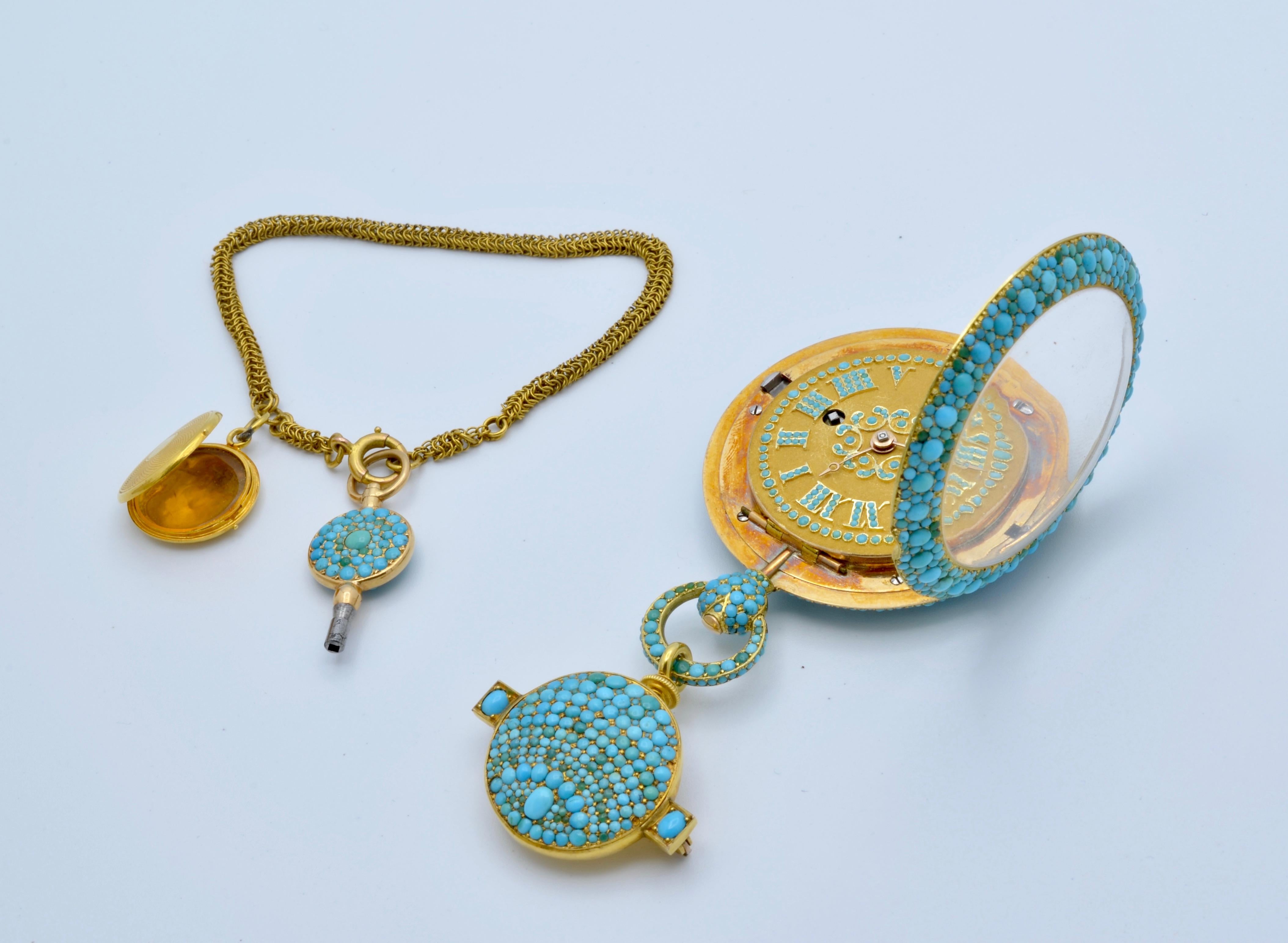 Round Cut 1830 Turquoise Lapel Gold Pocket Watch Bautte and Co with Chain and Locket