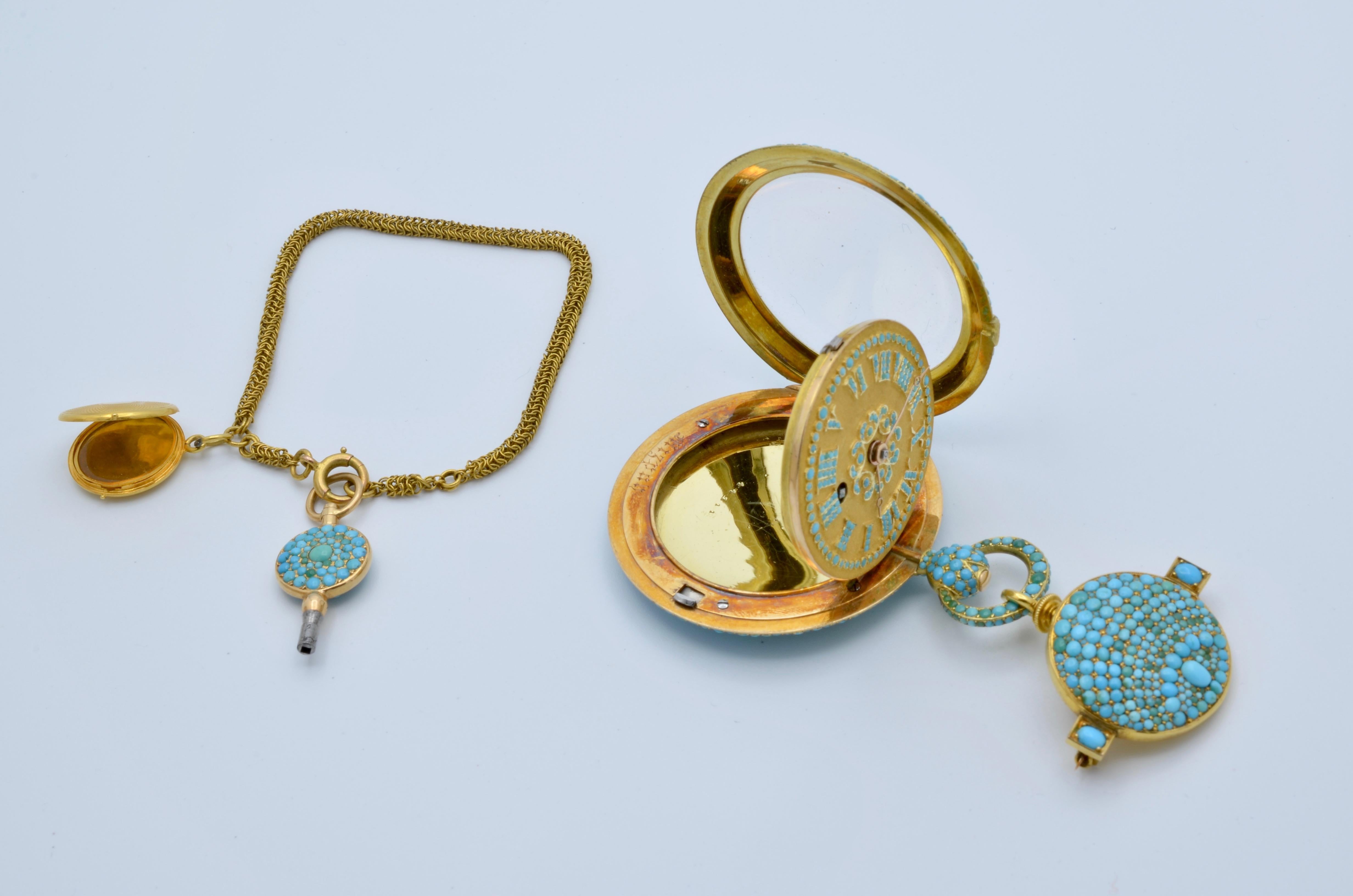 Women's or Men's 1830 Turquoise Lapel Gold Pocket Watch Bautte and Co with Chain and Locket