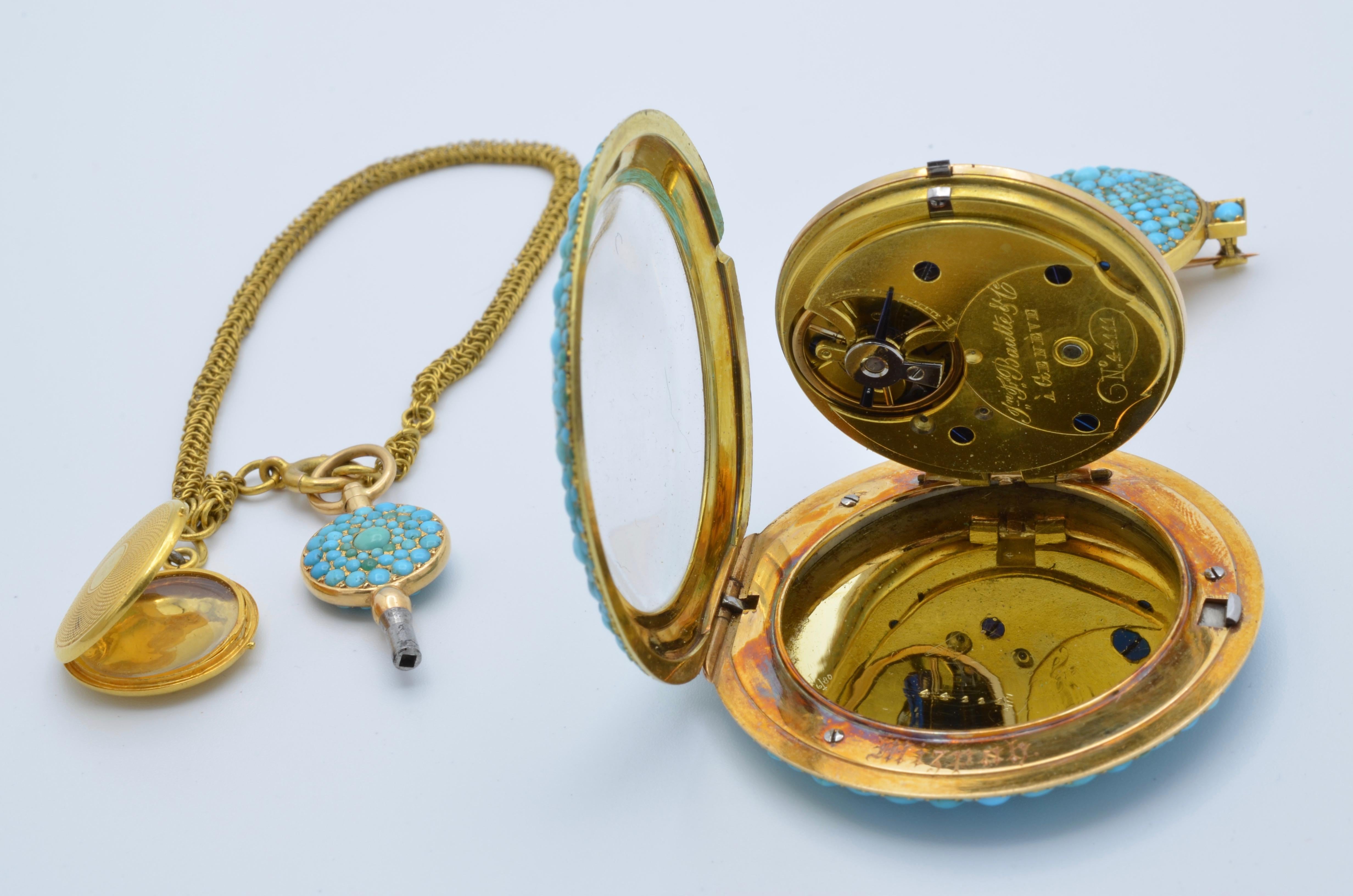 1830 Turquoise Lapel Gold Pocket Watch Bautte and Co with Chain and Locket 1