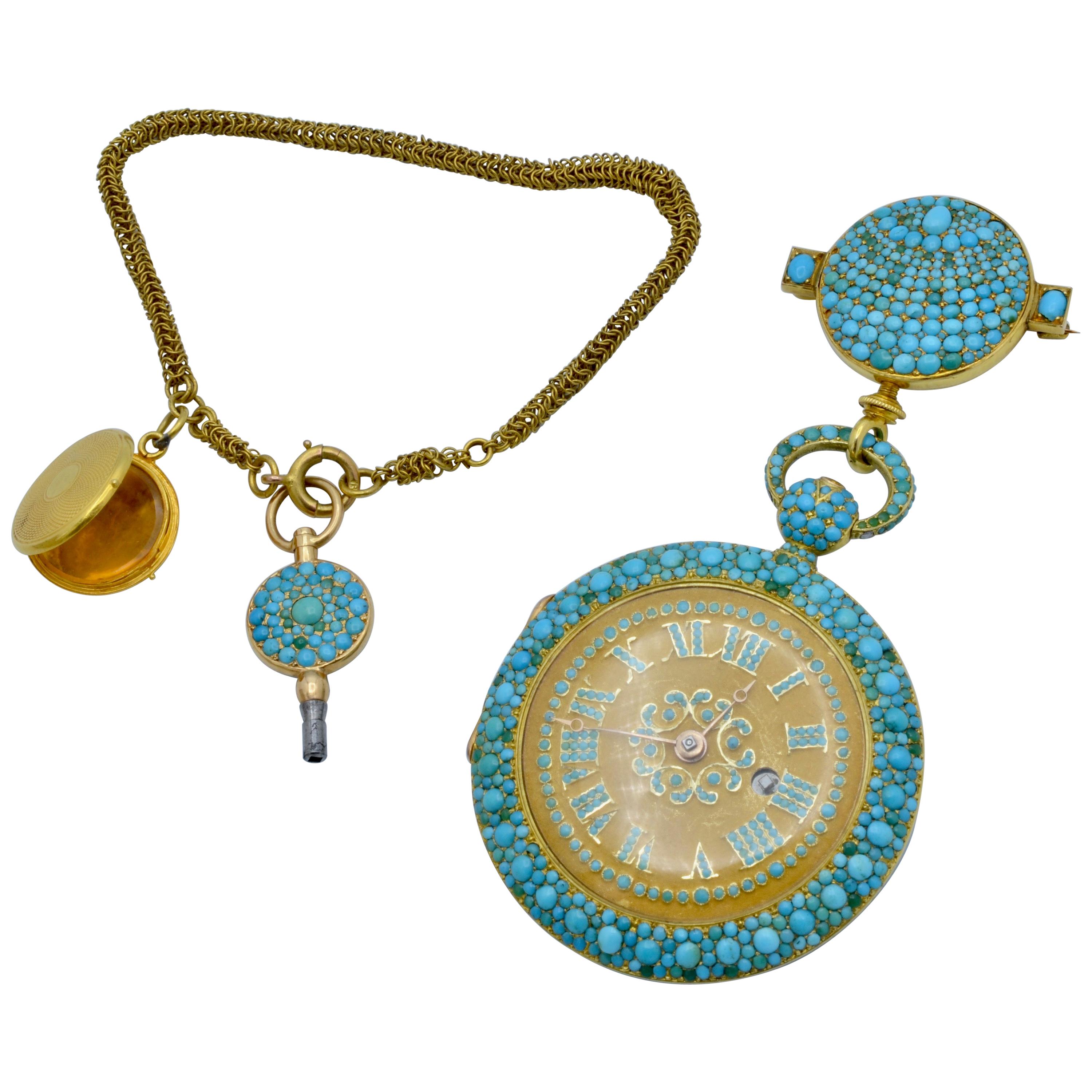 1830 Turquoise Lapel Gold Pocket Watch Bautte and Co with Chain and Locket
