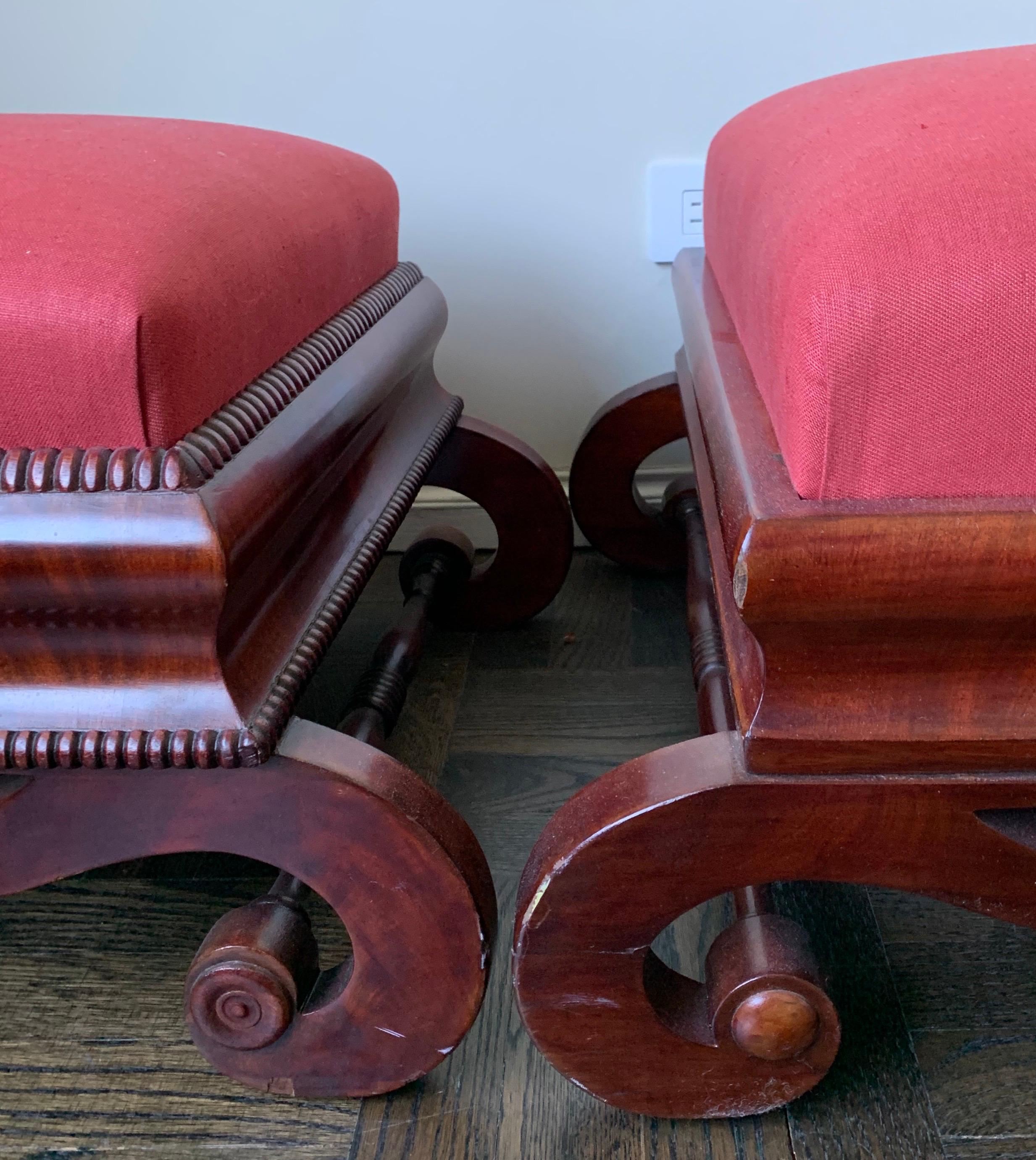1830s, American Carved Mahogany Large Curule Foot Stools 1