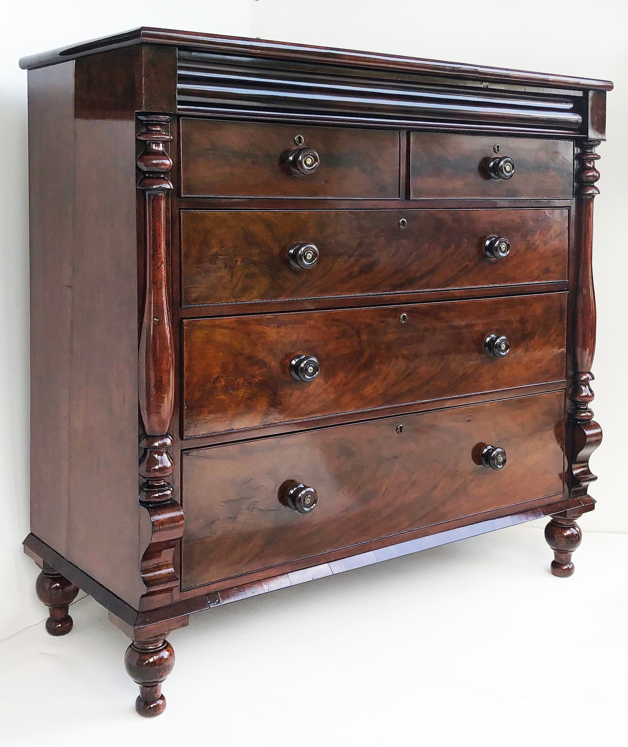 1830s American Empire flame mahogany chest of drawers with mother of pearl

Offered is a circa 1830s American Empire flame mahogany chest of drawers. The original pulls have inset mother-of-pearl details. The chest has five dovetailed drawers that