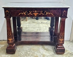 1830s Charles X Satinwood Marquetry Mahogany Mirrored and Marble Pier Table