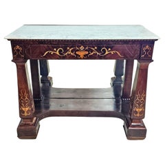 1830s Charles X Satinwood Marquetry Mahogany Mirrored and Marble Pier Table