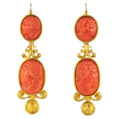 1830s Coral Cameo 18 Karat Yellow Gold Dangle Earrings