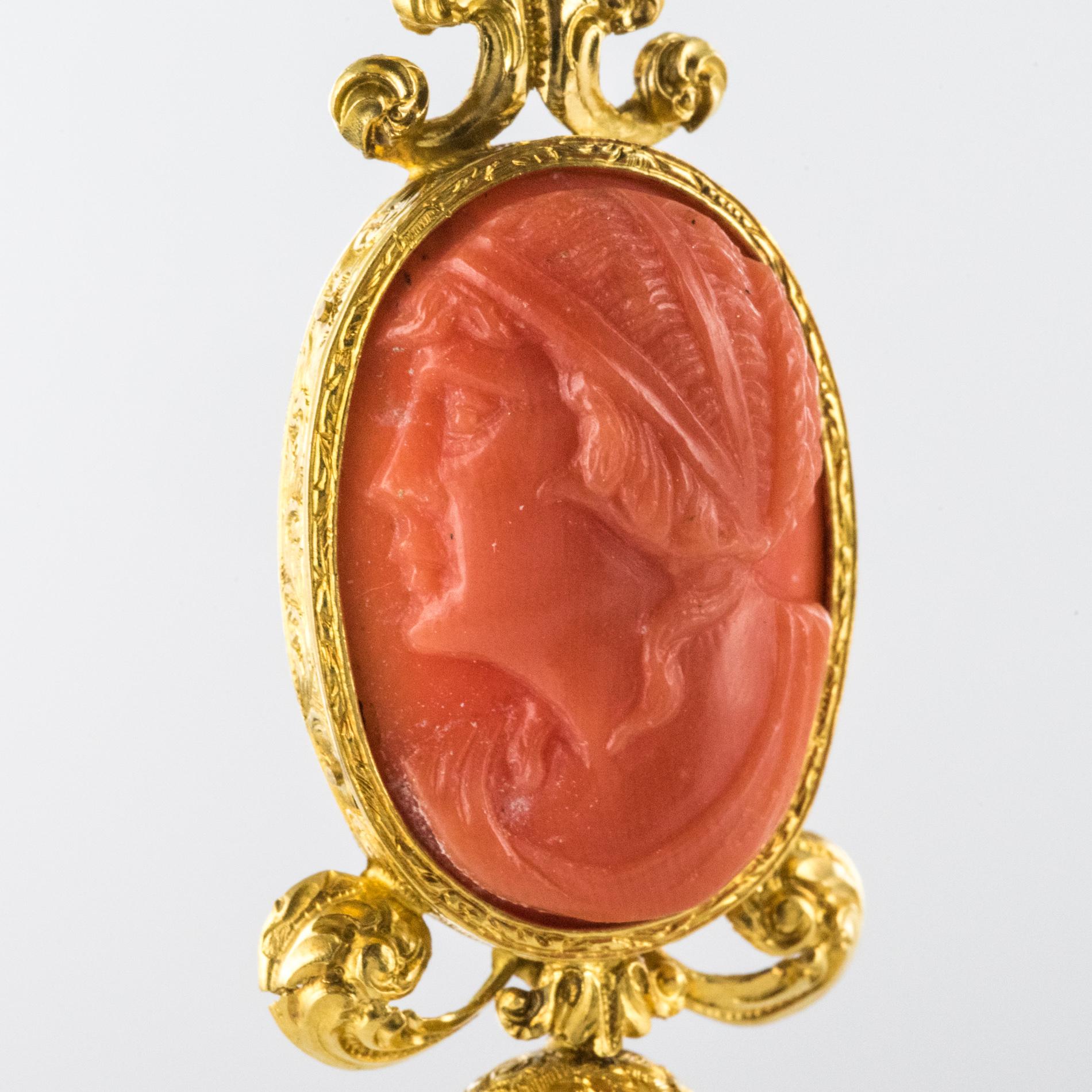 1830s Coral Cameo 18 Karat Yellow Gold Dangle Earrings For Sale 1