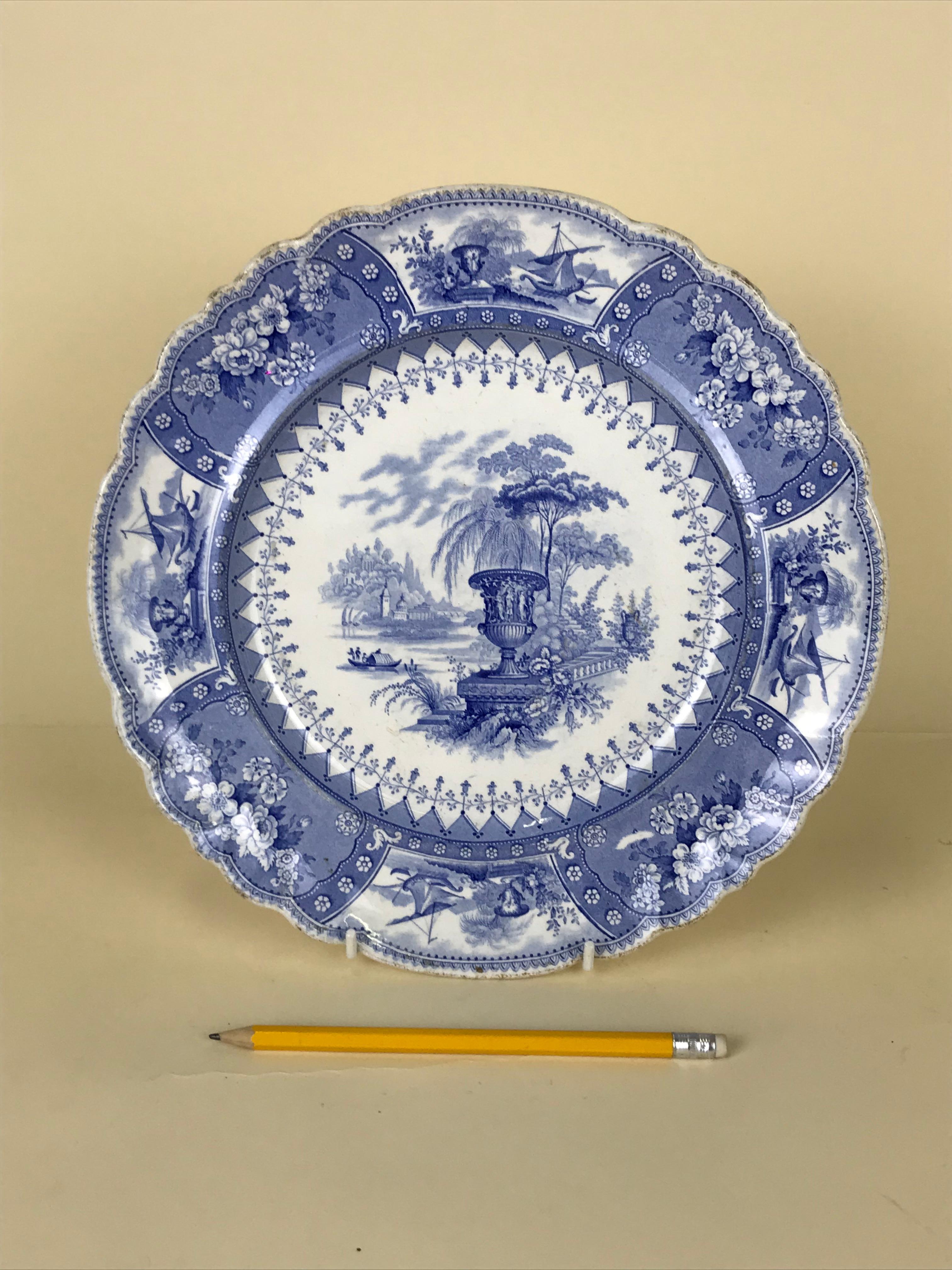 Antique English light blue and white transfer dinner plate made in Longport, Staffordshire and printed in the 