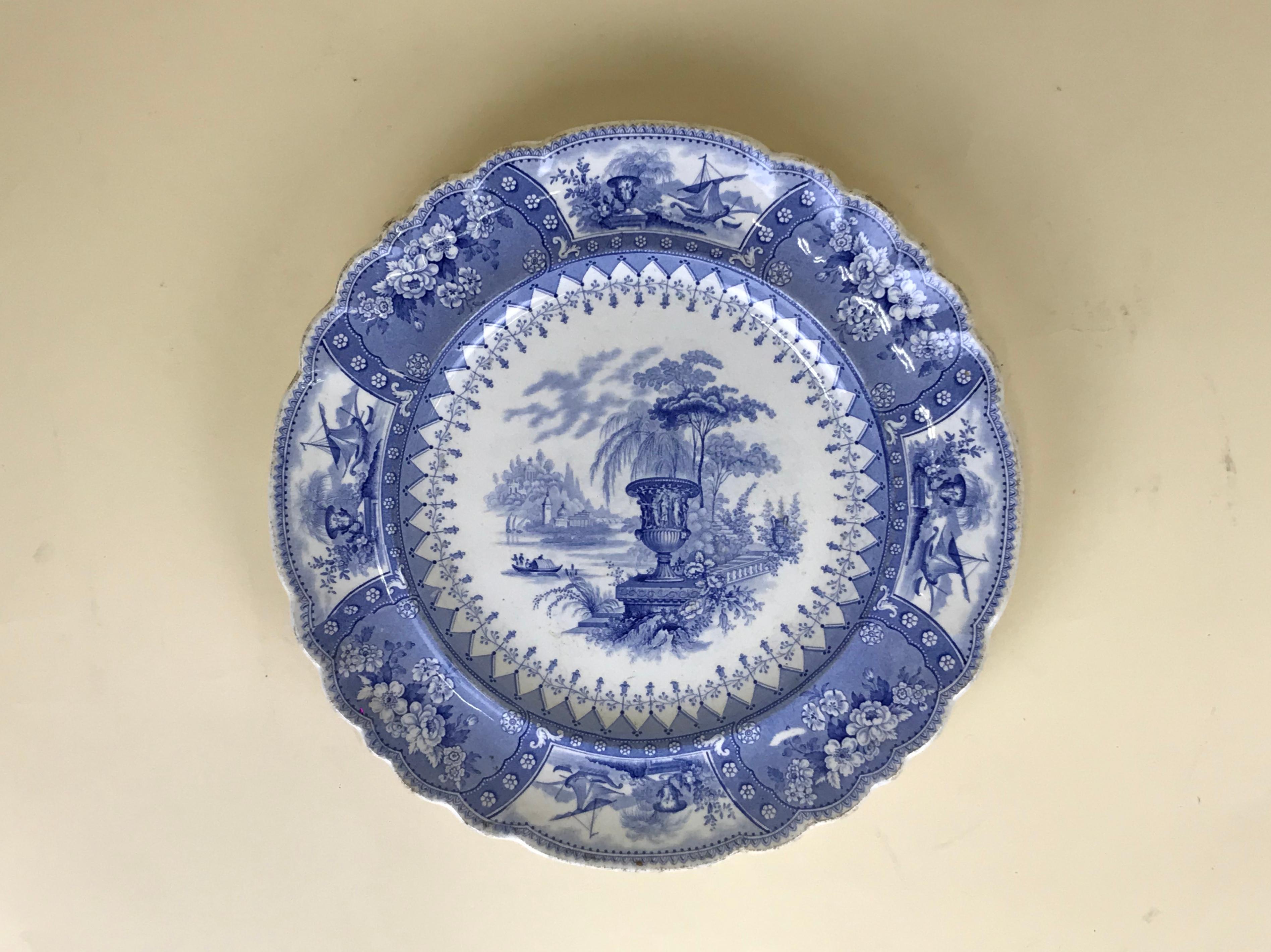 George IV 1830s English Blue and White Thomas Mayer Stoneware Canova Pattern Dinner Plate For Sale