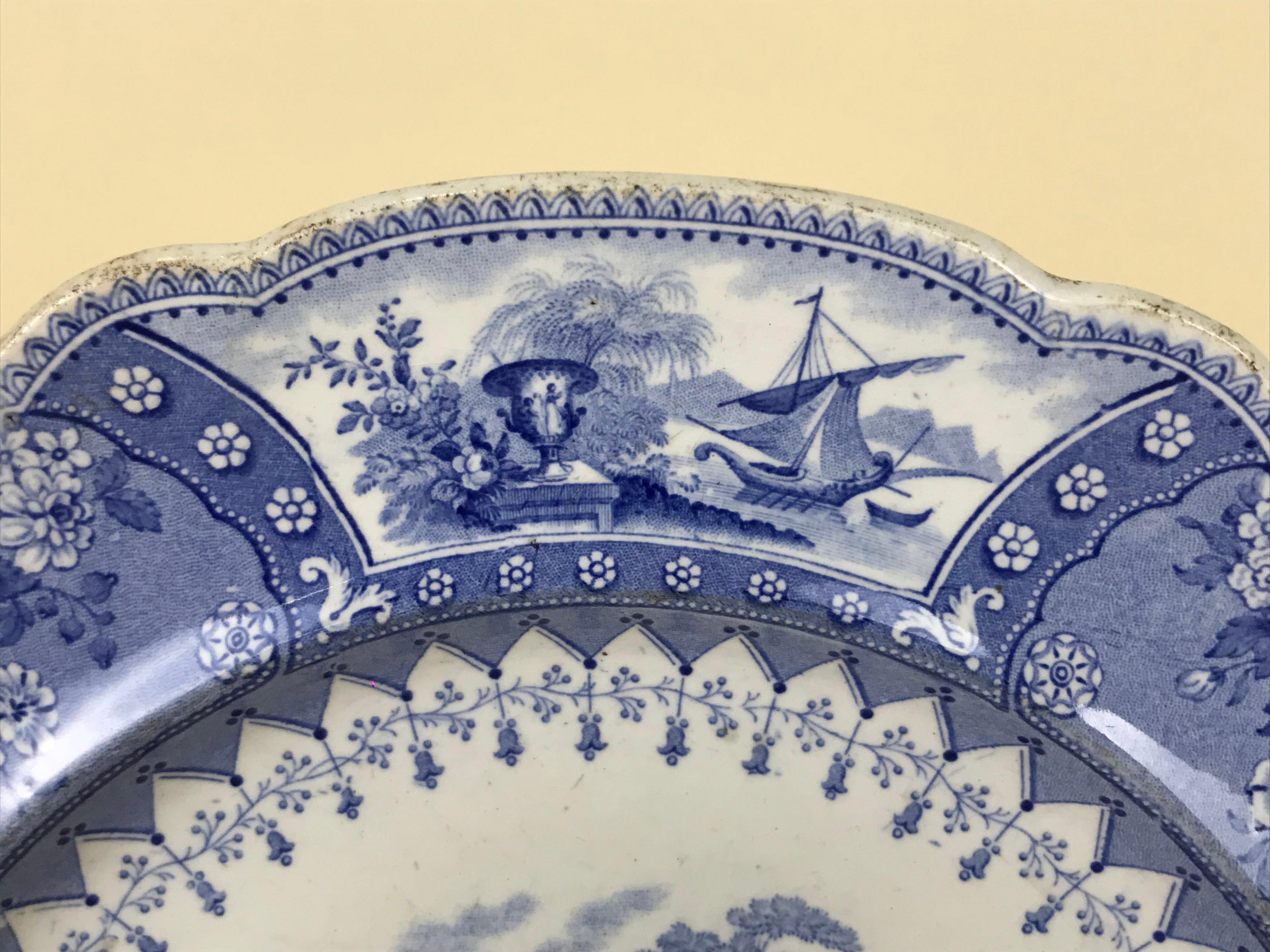 Mid-19th Century 1830s English Blue and White Thomas Mayer Stoneware Canova Pattern Dinner Plate For Sale