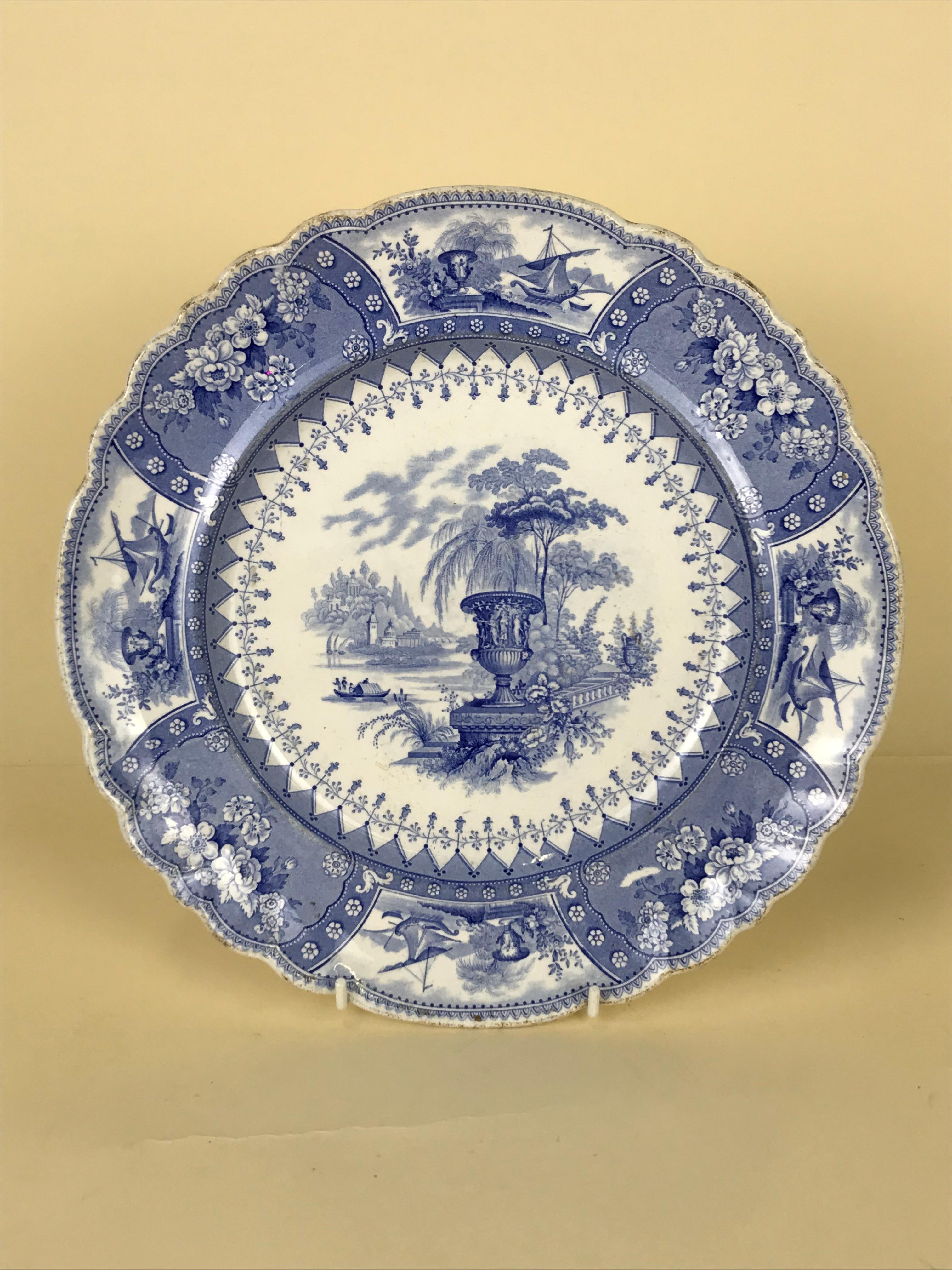 1830s English Blue and White Thomas Mayer Stoneware Canova Pattern Dinner Plate For Sale 1
