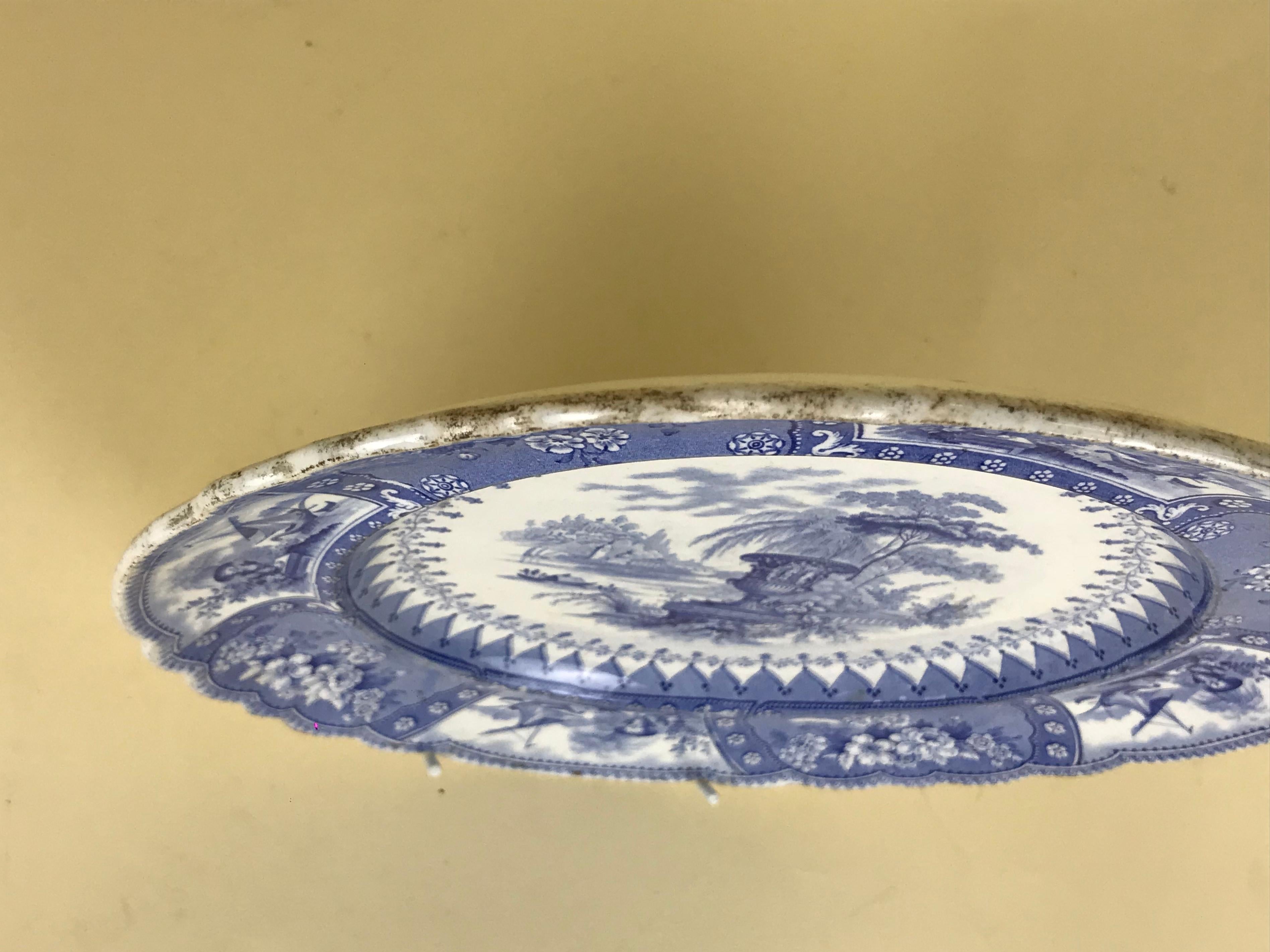 1830s English Blue and White Thomas Mayer Stoneware Canova Pattern Dinner Plate For Sale 3