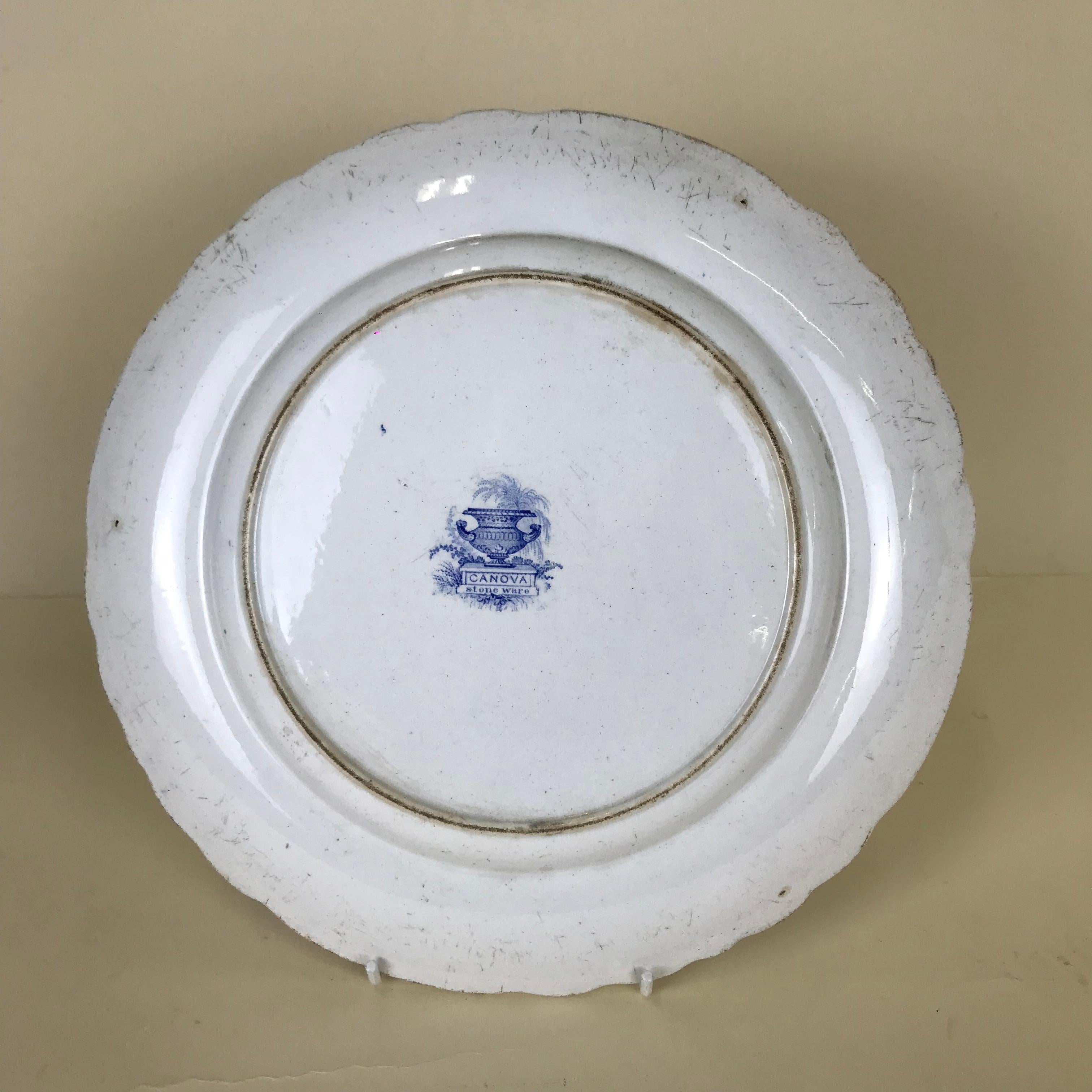 1830s English Blue and White Thomas Mayer Stoneware Canova Pattern Dinner Plate For Sale 4