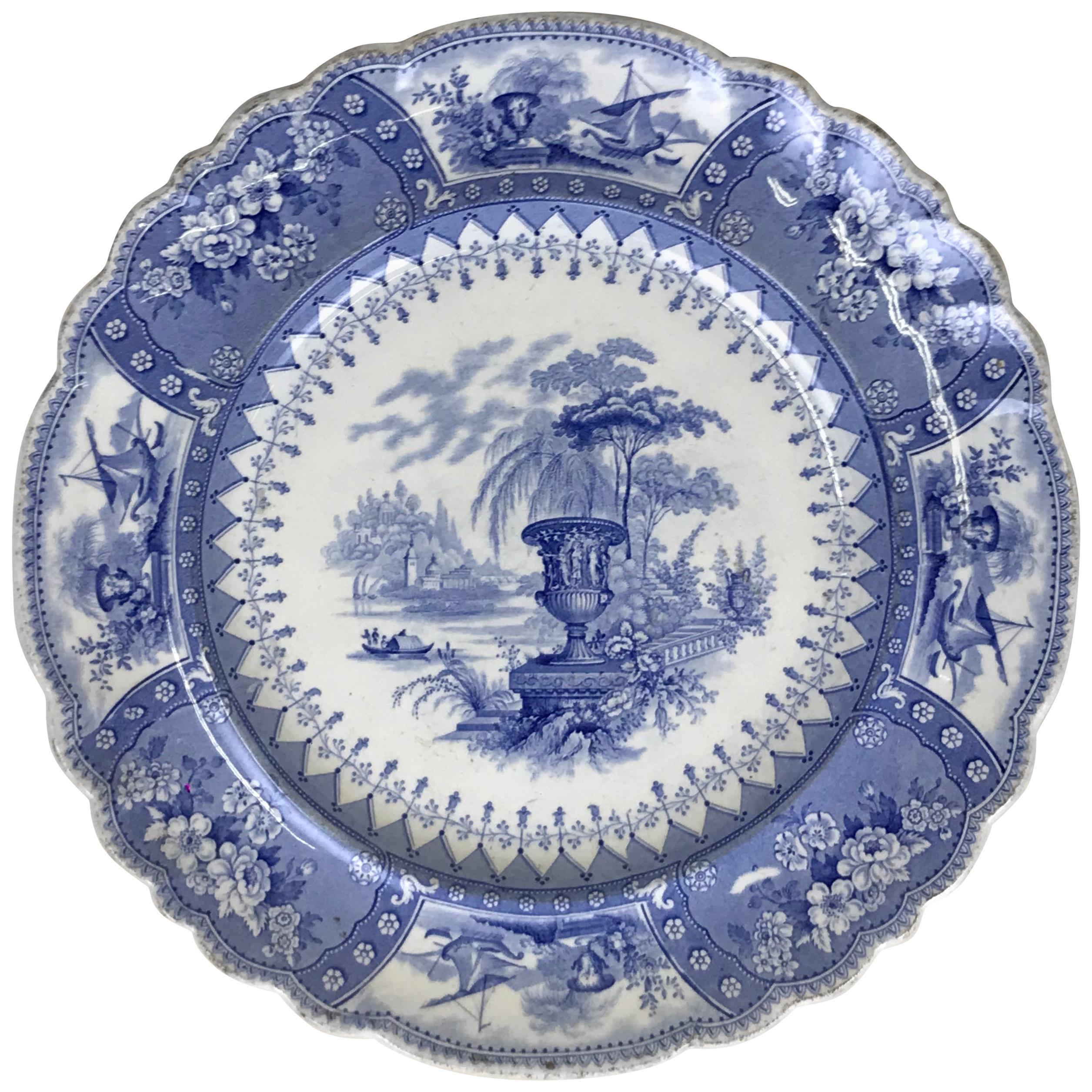 1830s English Blue and White Thomas Mayer Stoneware Canova Pattern Dinner Plate For Sale