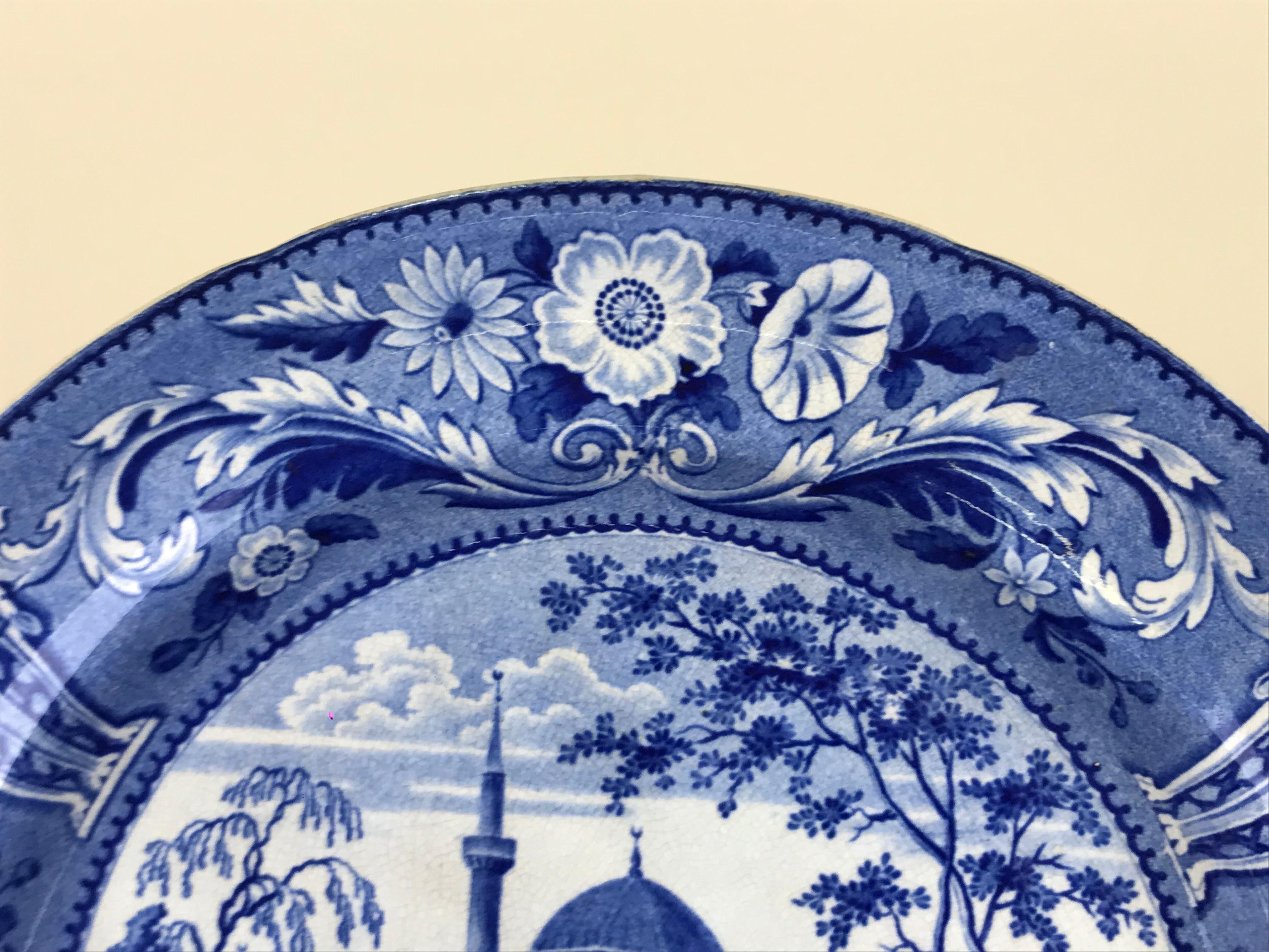 1830s English Blue and White Transferware Tchiurluk Pattern Dinner Plate In Good Condition In Milan, IT