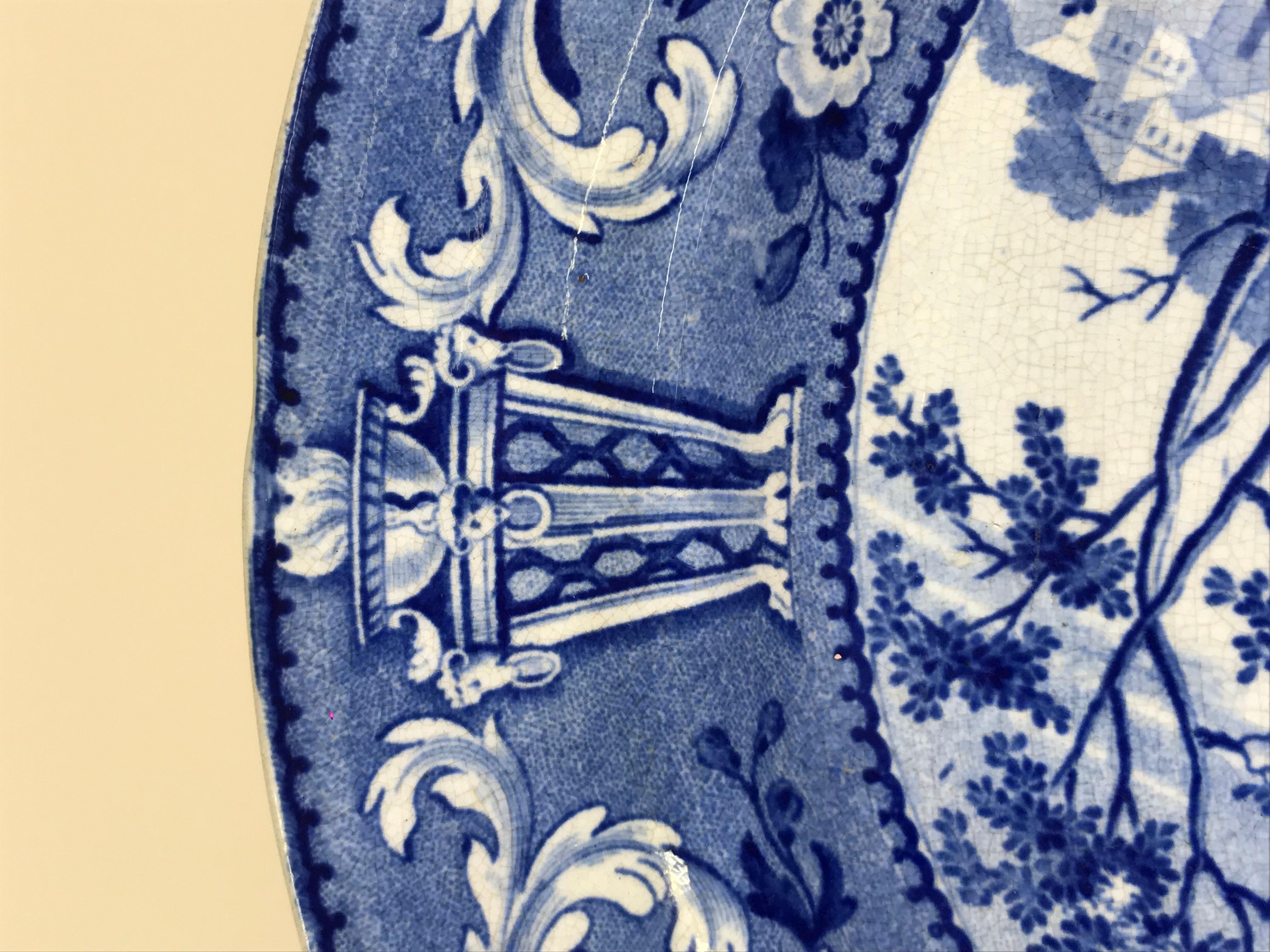Mid-19th Century 1830s English Blue and White Transferware Tchiurluk Pattern Dinner Plate