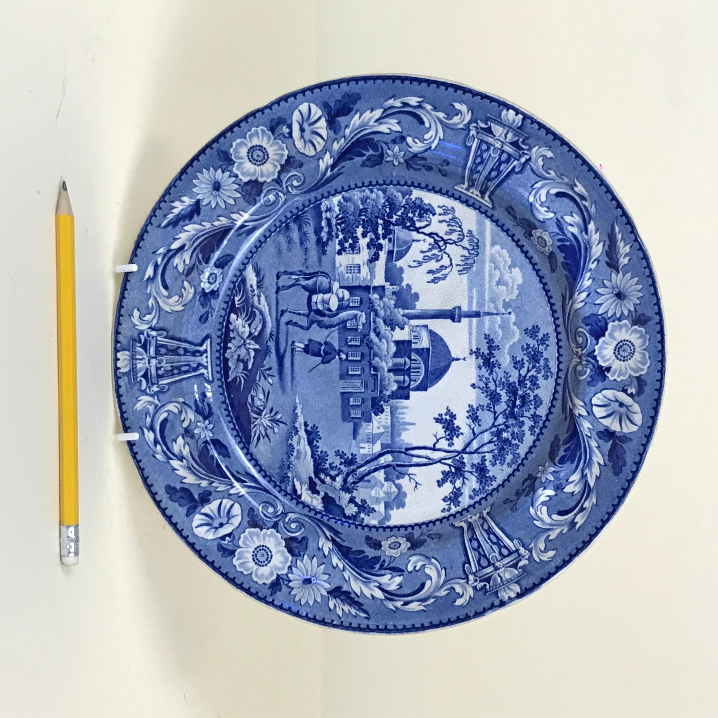 Earthenware 1830s English Blue and White Transferware Tchiurluk Pattern Dinner Plate