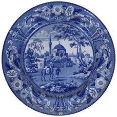 Antique 1830s English Blue and White Transferware Tchiurluk Pattern Dinner Plate