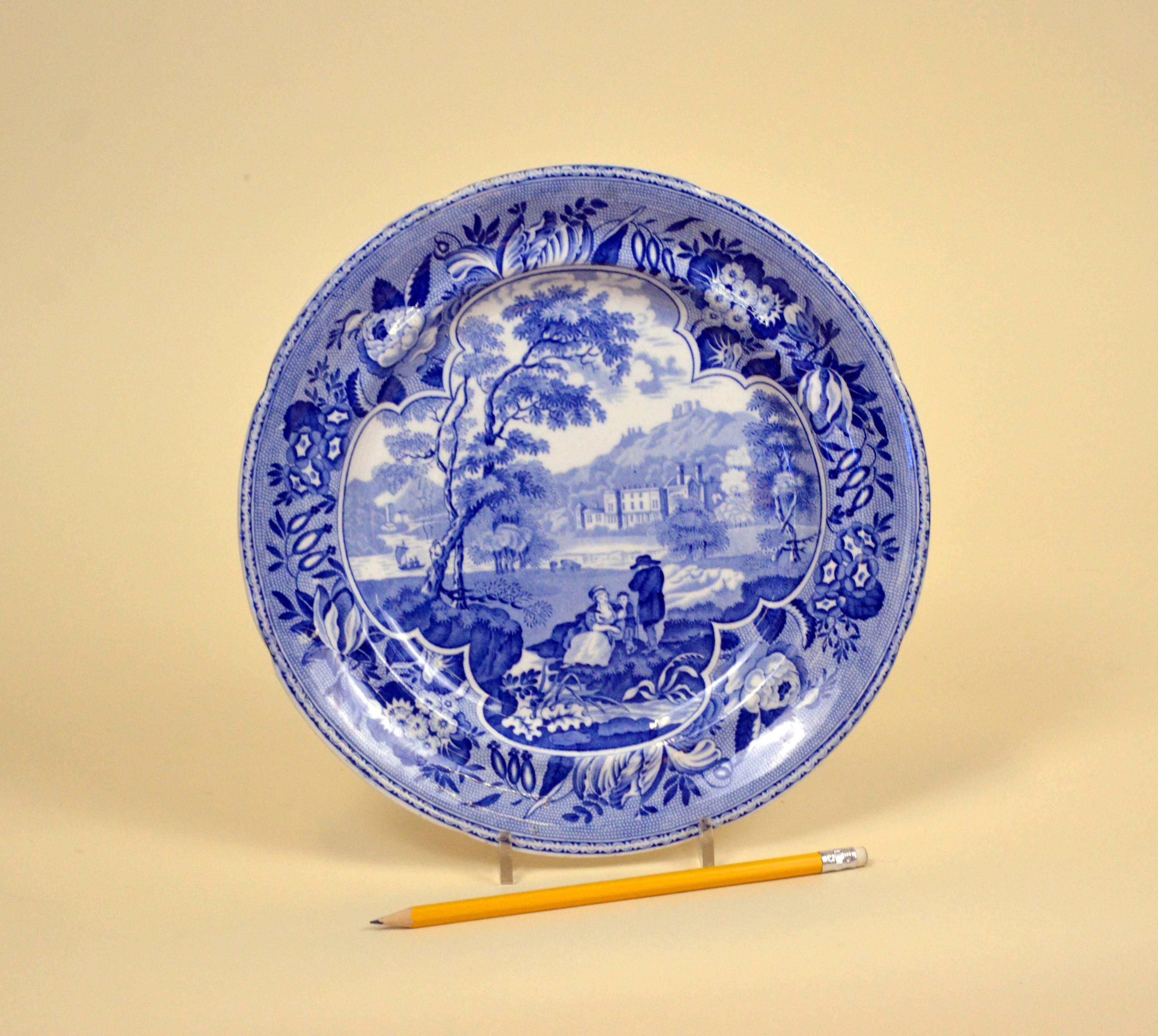 Earthenware dinner plate, made in Staffordshire in 1830 circa.
Printed with a lovely blue and white bucolic scene with family. In excellent condition; no chips, cracks, restoration or signs of wear. Marked upper case WARRENTED C R and a marine