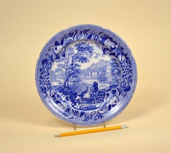 1830s English Blue and White Transferware with Bucolic Scene and Family