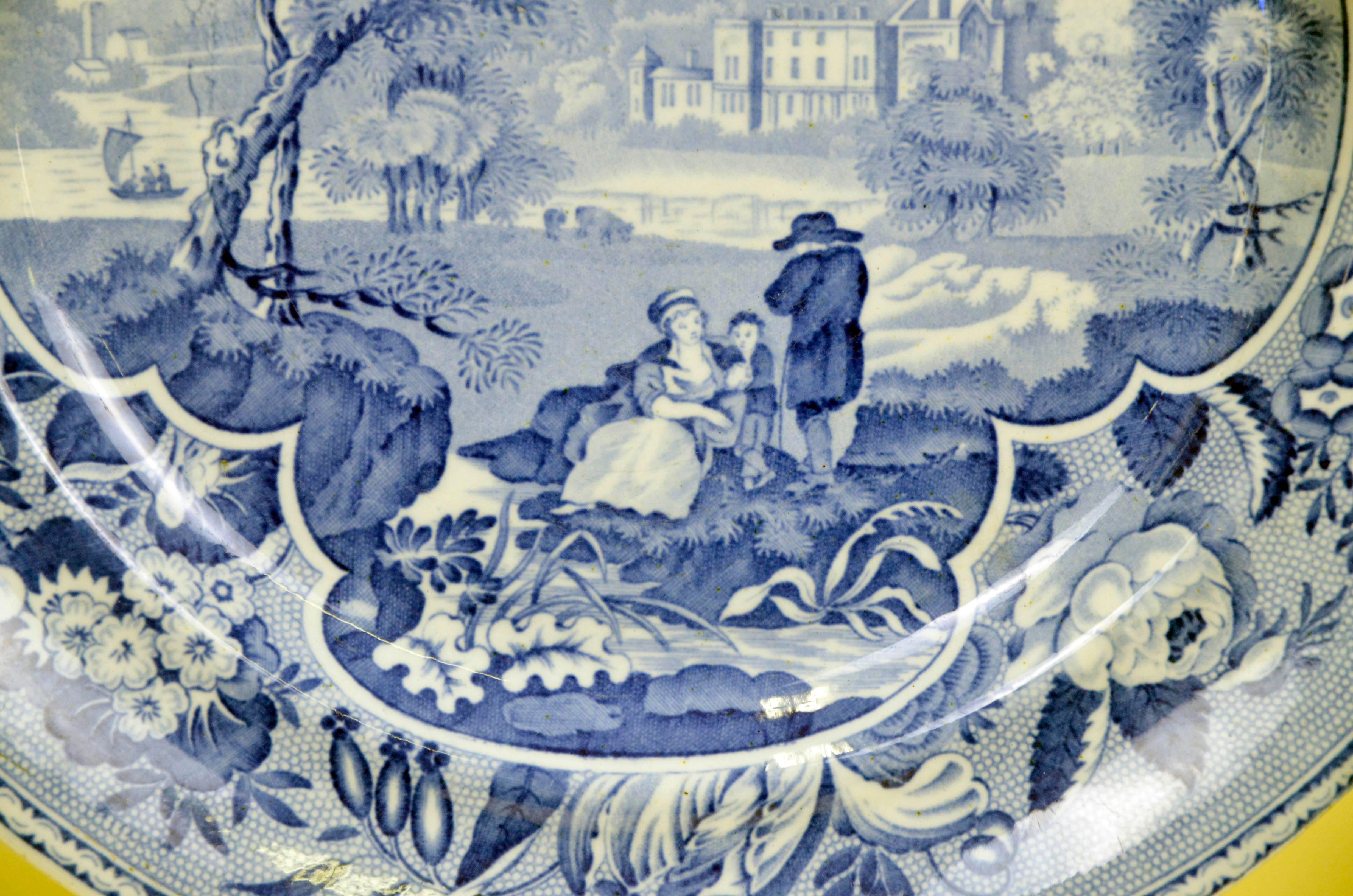 George IV 1830s English Blue and White Transferware with Bucolic Scene and Family For Sale