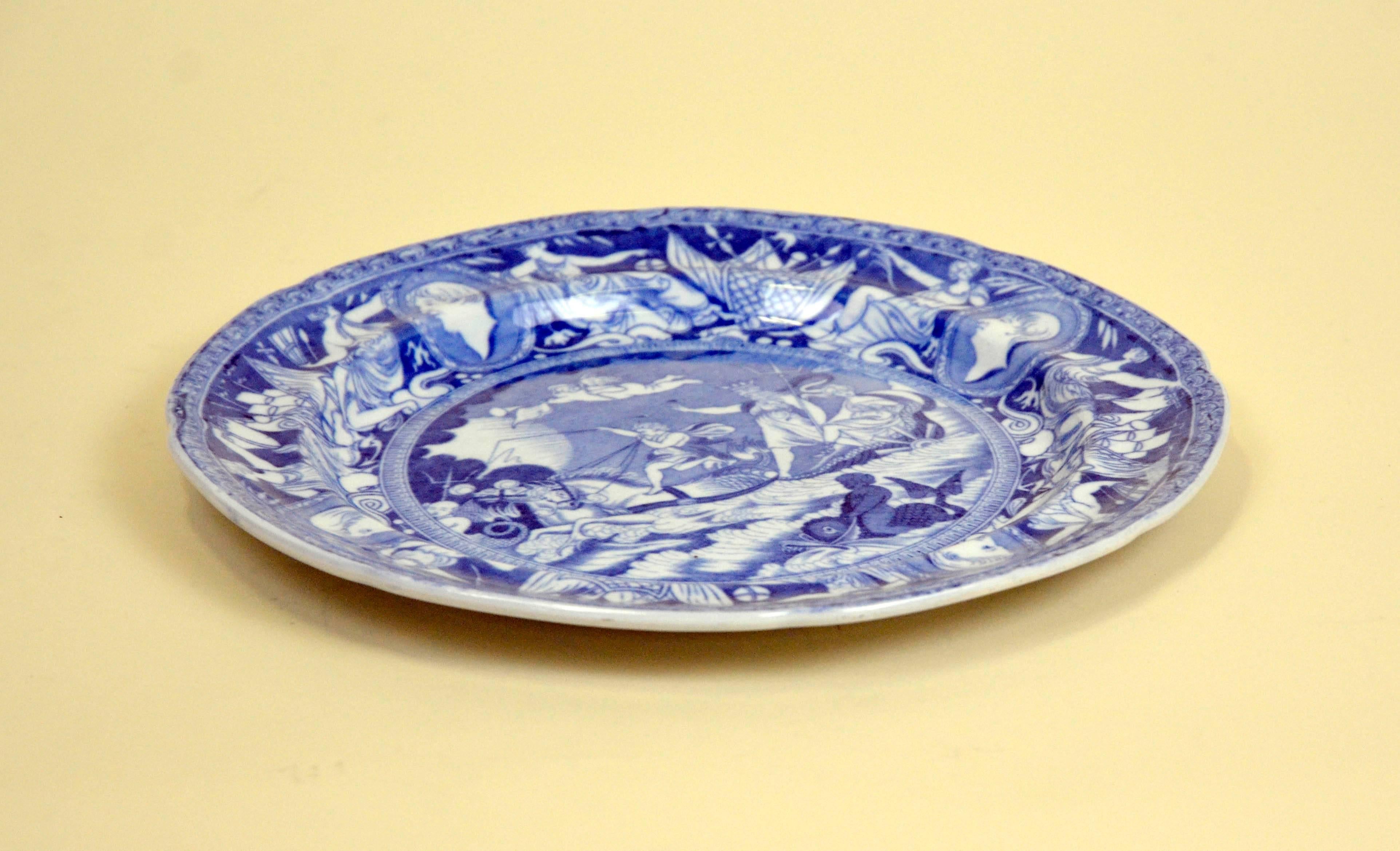 Mid-19th Century 1830s English Blue and White Transferware with Bucolic Scene and Family For Sale