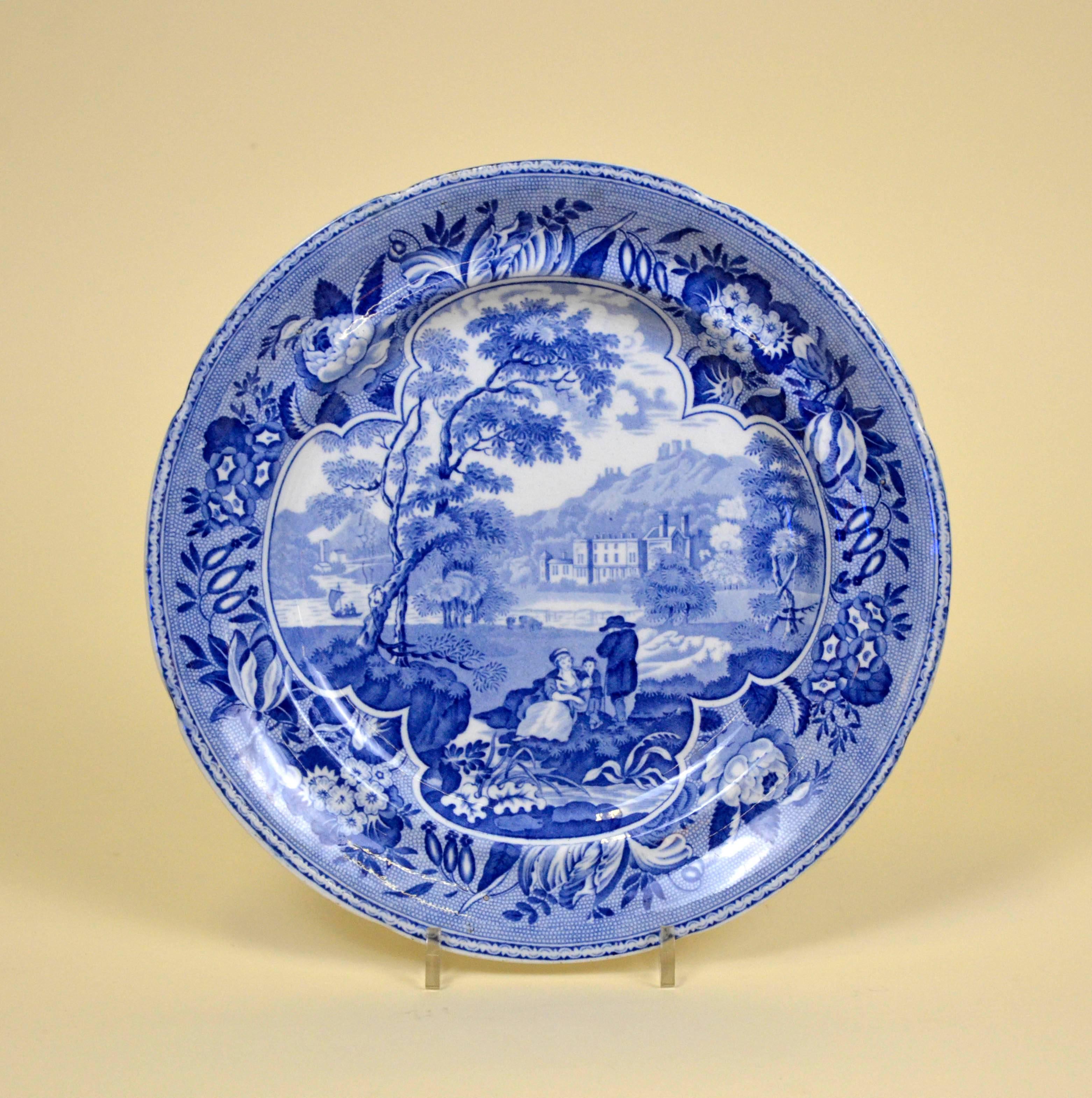 Earthenware 1830s English Blue and White Transferware with Bucolic Scene and Family For Sale