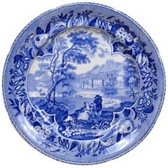 1830s English Blue and White Transferware with Bucolic Scene and Family