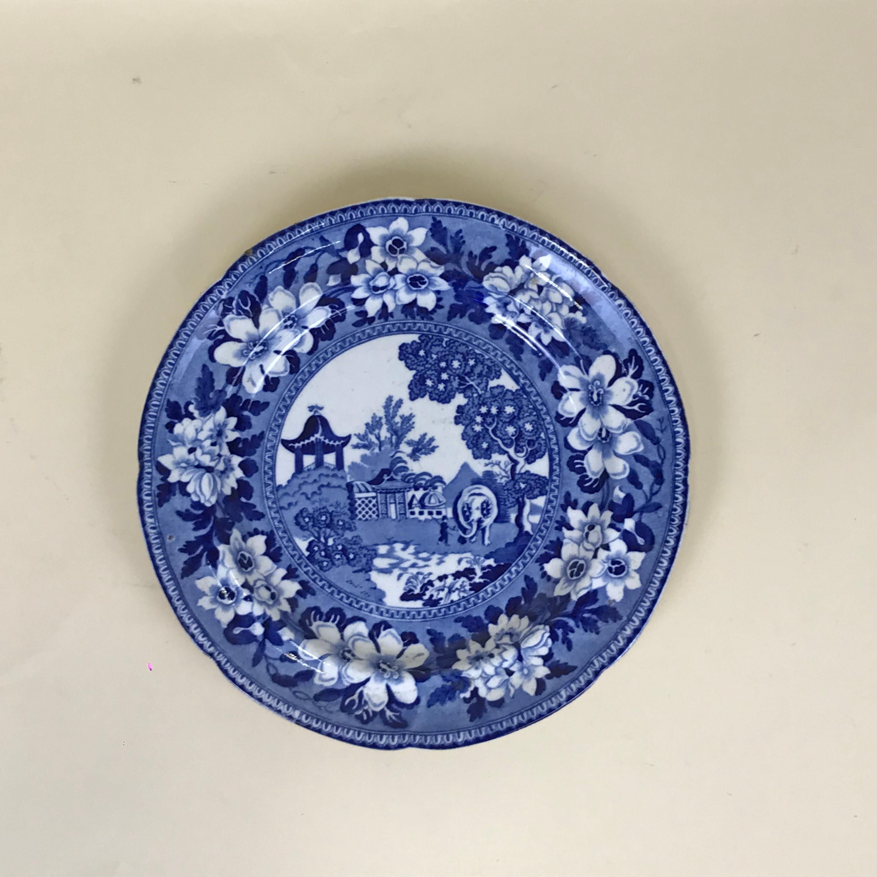 Early 19th century antique english georgian blue and white transfer dinner plate printed in the 