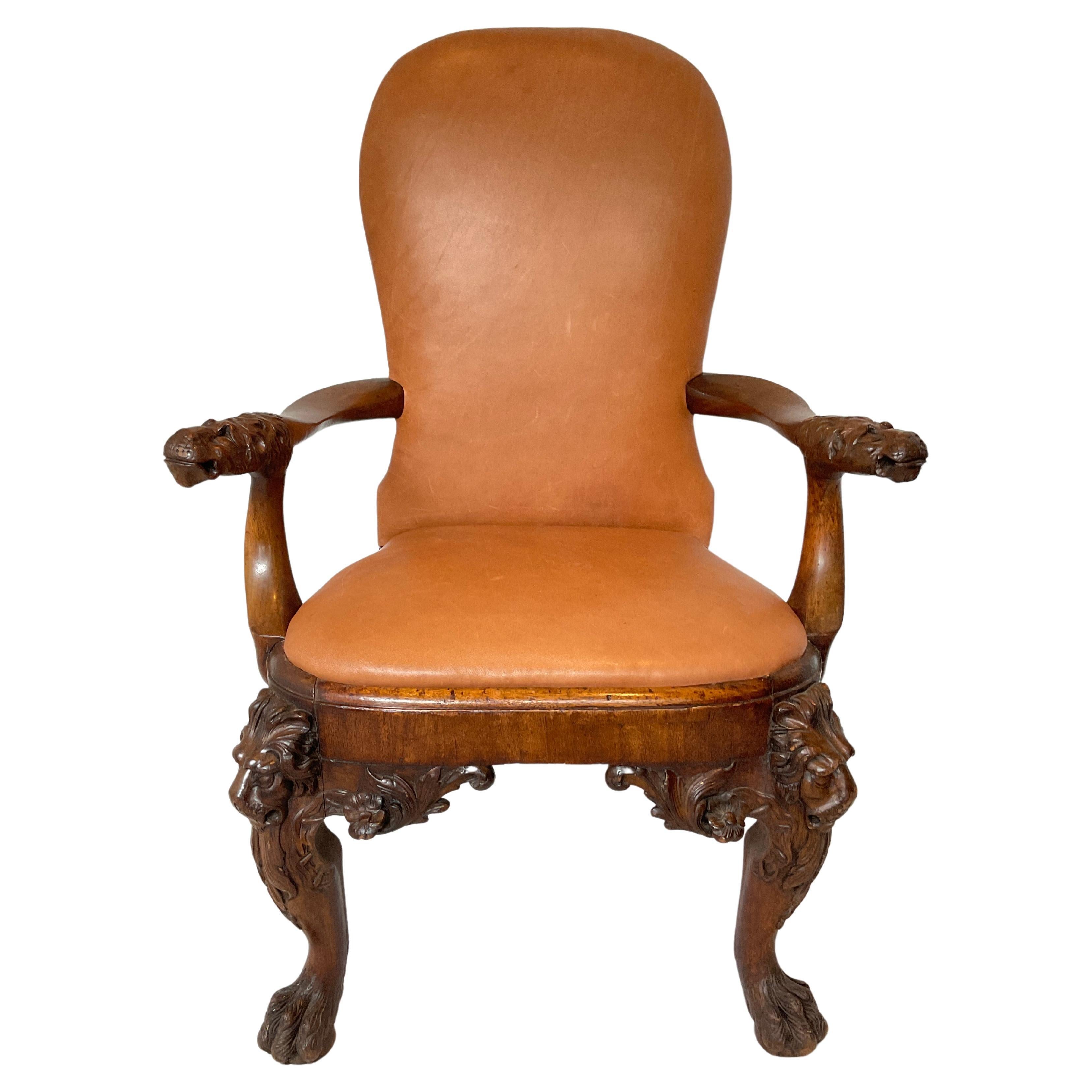 1830s English Carved Wood Lion Armchair Upholstered In Leather
