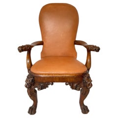1830s English Carved Wood Lion Armchair Upholstered In Leather