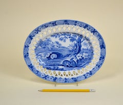 1830s English Oval Stand Blue and White Transferware with Grazing Rabbits