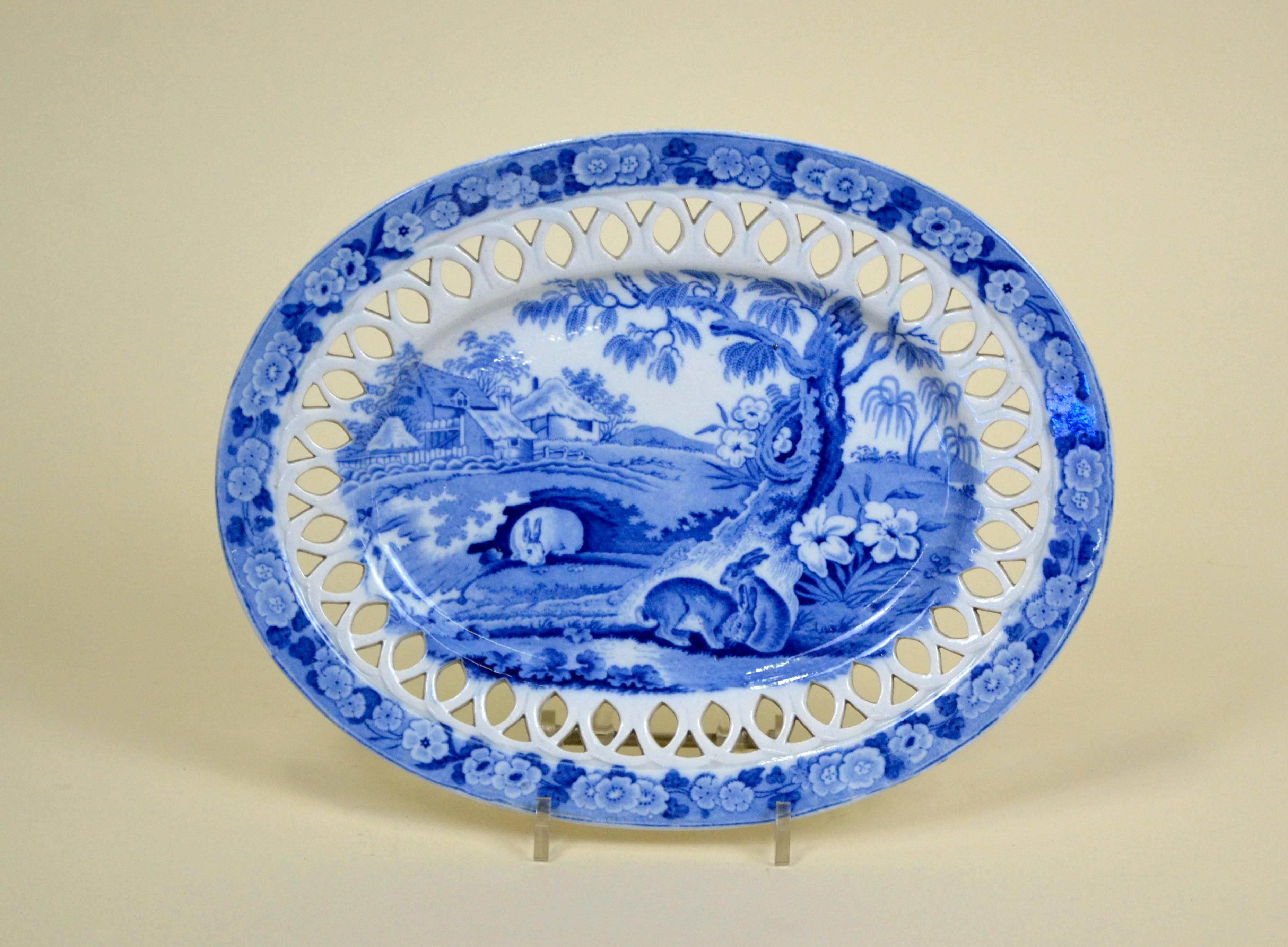 Earthenware 1830s English Oval Stand Blue and White Transferware with Grazing Rabbits For Sale