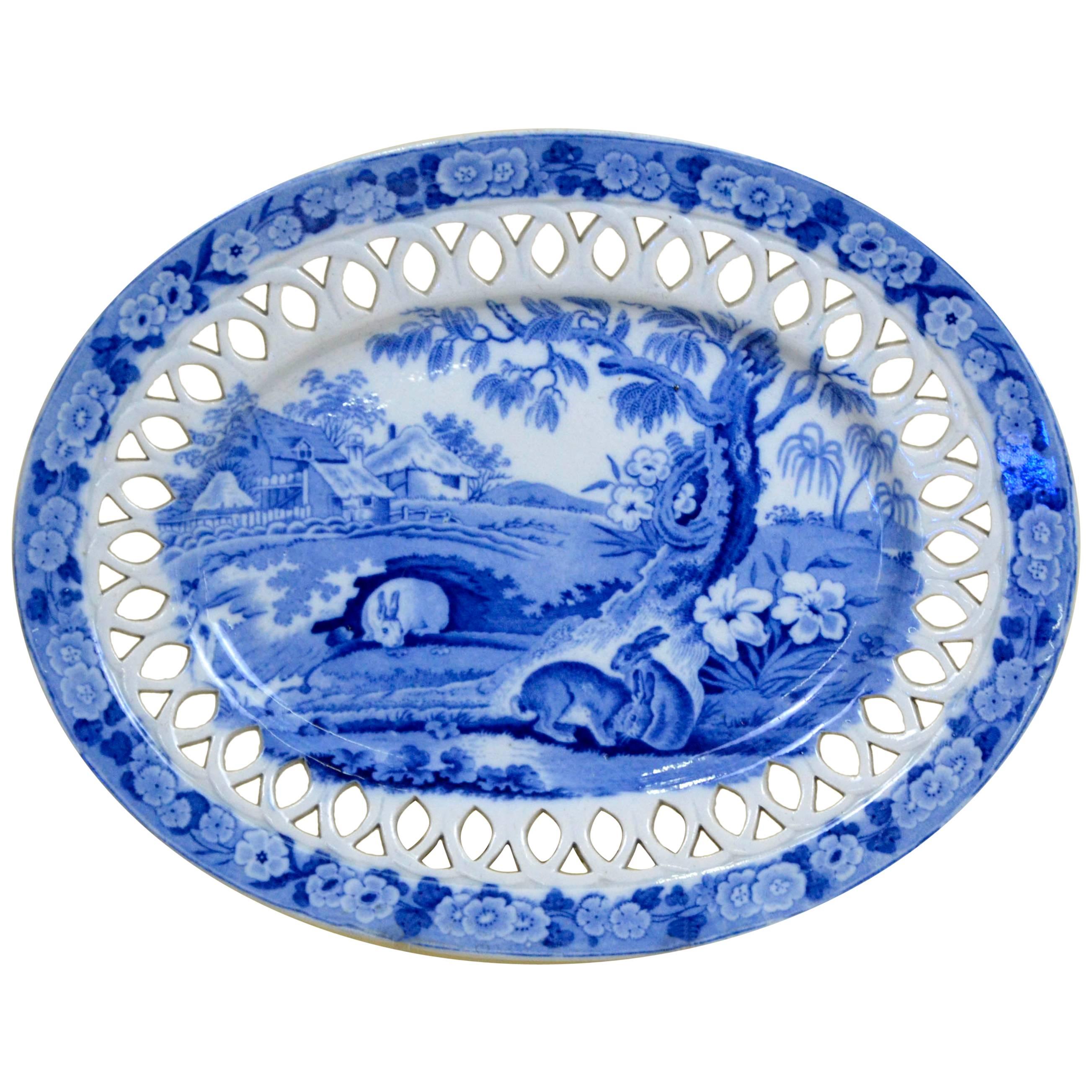 1830s English Oval Stand Blue and White Transferware with Grazing Rabbits For Sale