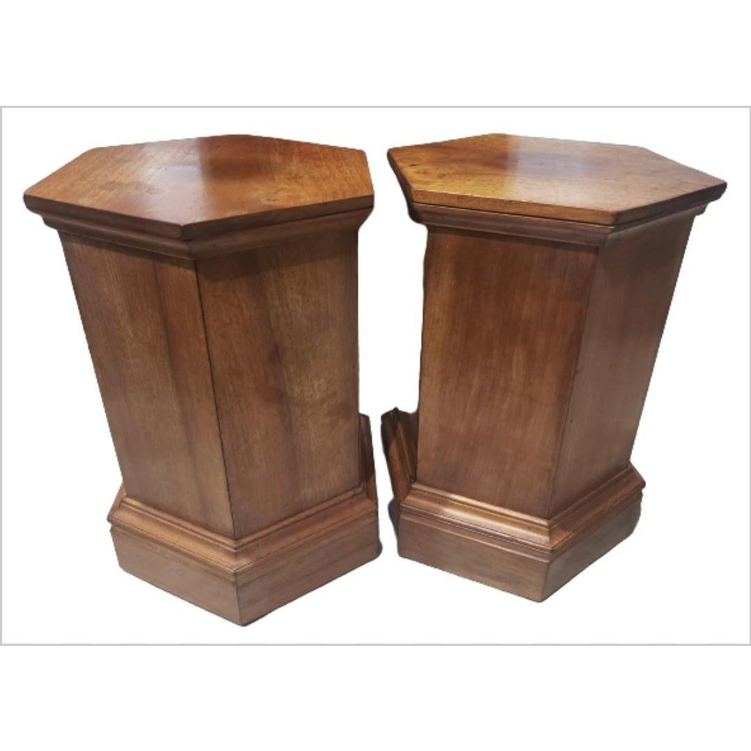 Brass 1830s Italian Hexagonal Pedestal Pilar Maple Cupboards End Tables, a Pair