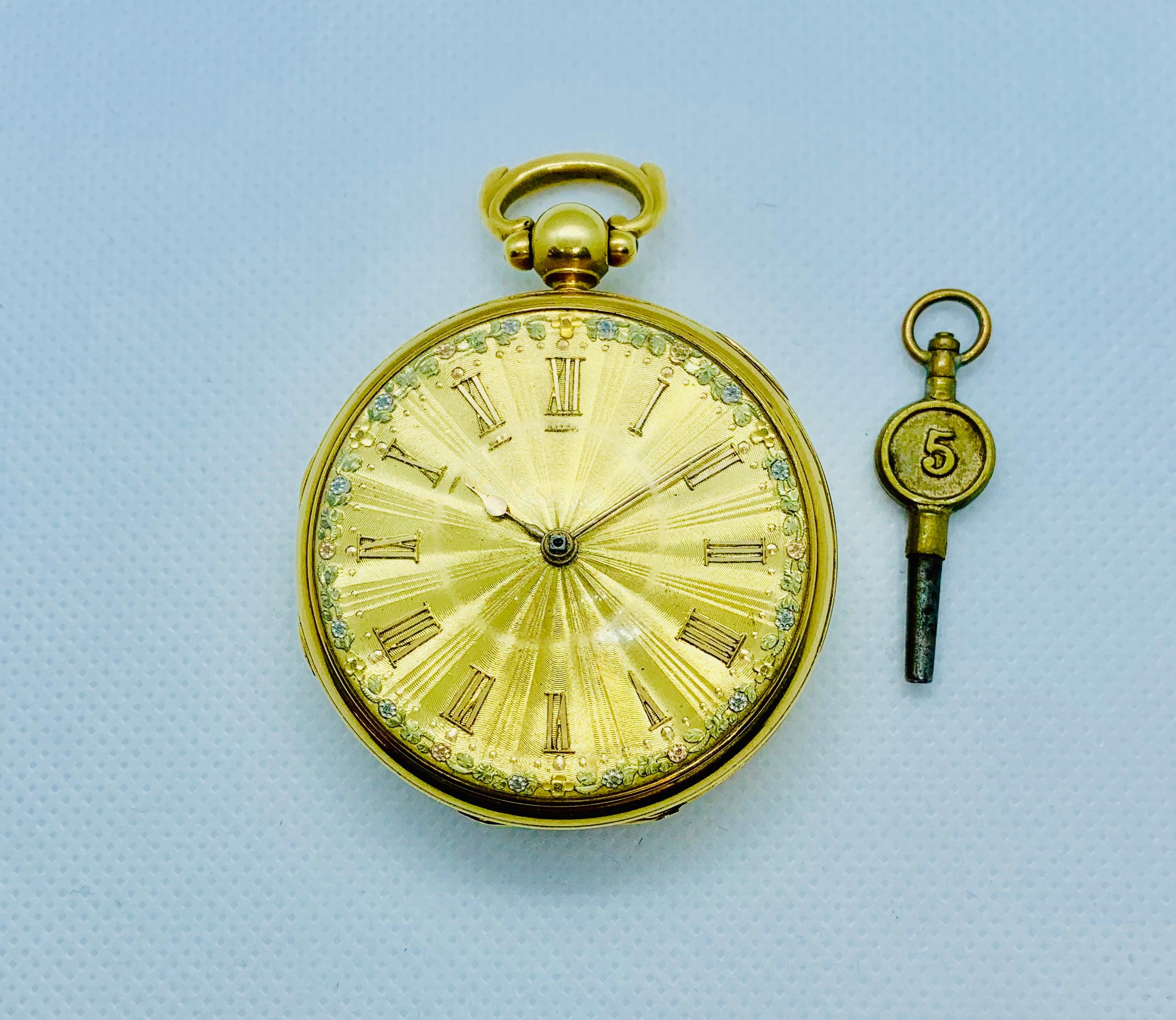 Absolutely Gorgeous John Moncas Liverpool Pocket watch! This watch is in solid 18K Yellow Gold and is Key Wind and Key Set. It has Fussee Movement, Sapphire Jewels, Diamond End Stone and Lever Escapement. Made in the 1830's it has a beautifully