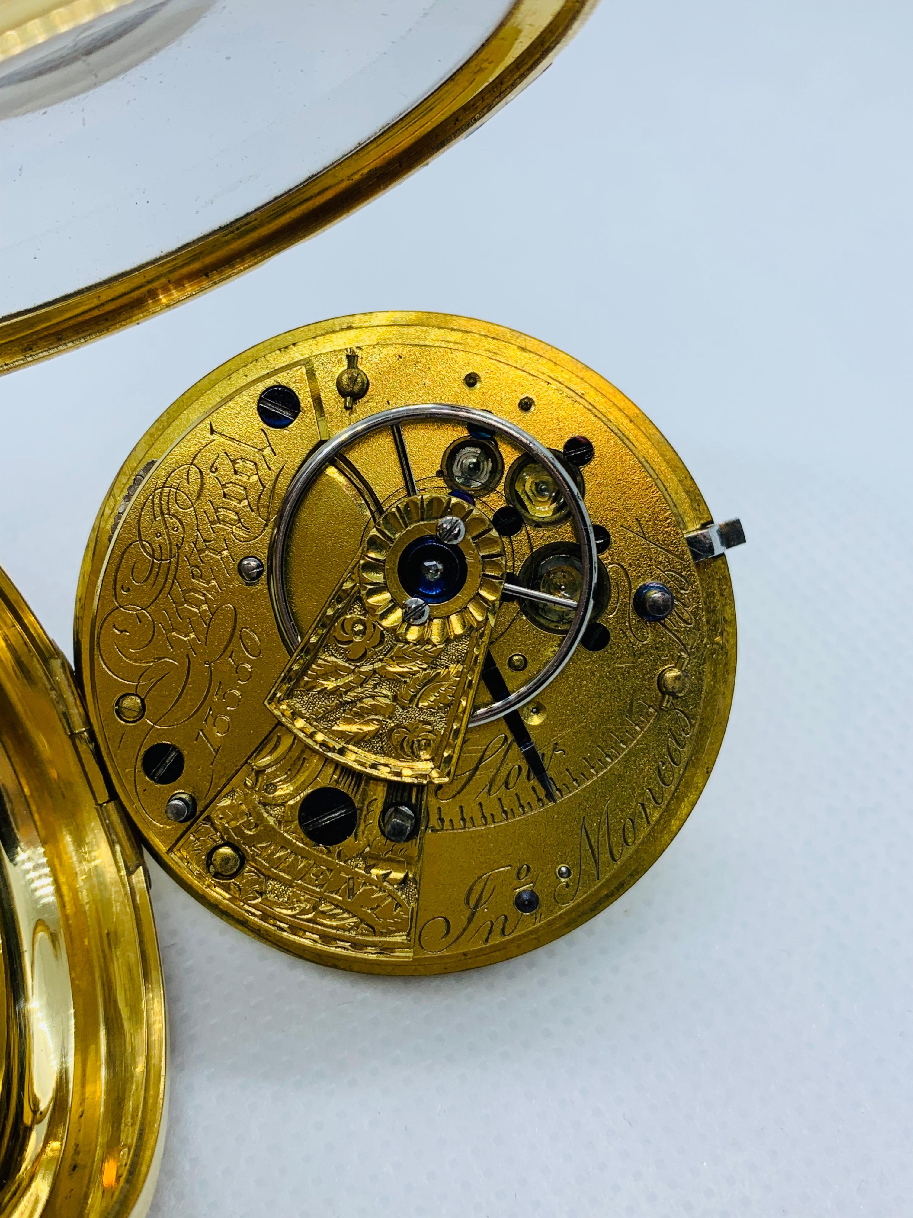 1830s John Moncas Liverpool 18 Karat Gold Pocket Watch with Fussee Movement In Fair Condition In Birmingham, AL