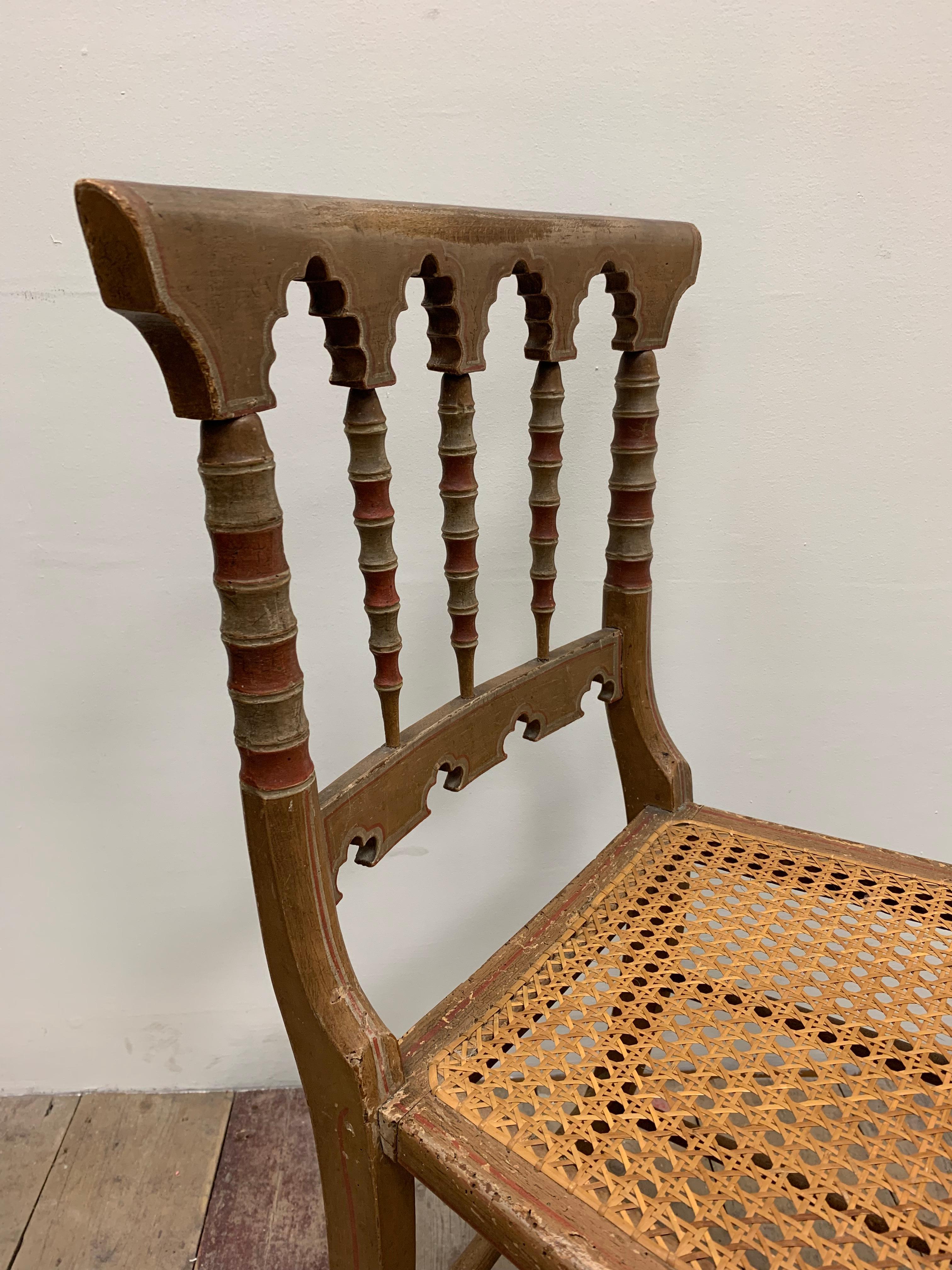 Pine 1830s small English Moorish side chair with canned seat For Sale